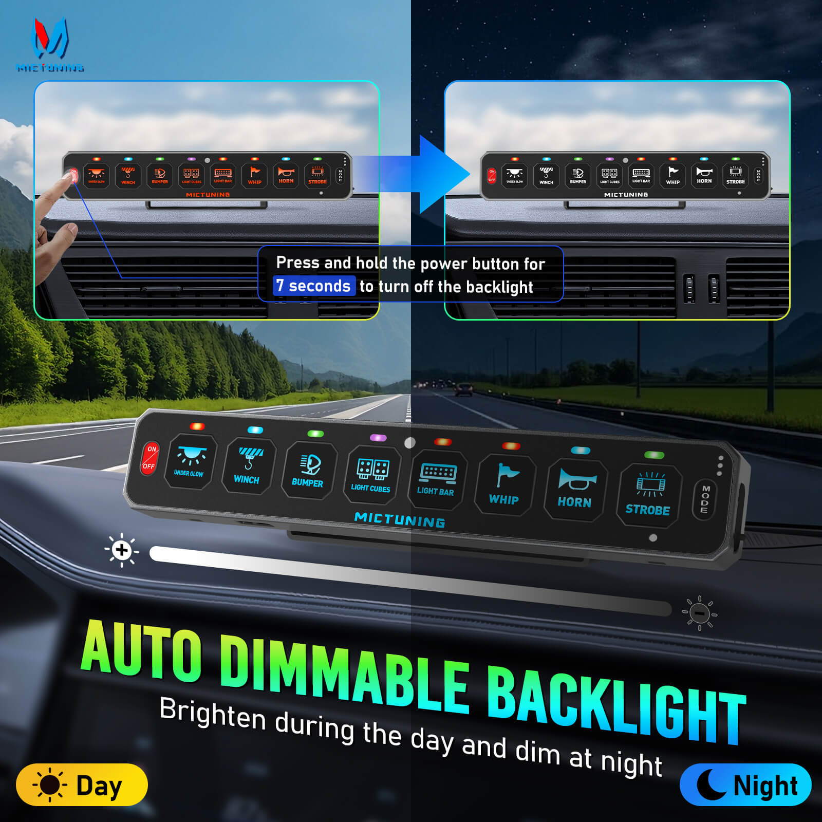 MS-W Slim Wireless Switch Panel, Up to 208FT Range, 6 Gang/8 Gang Toggle Momentary Strobe Pulsed Flash, RGB Dimmable Backlit