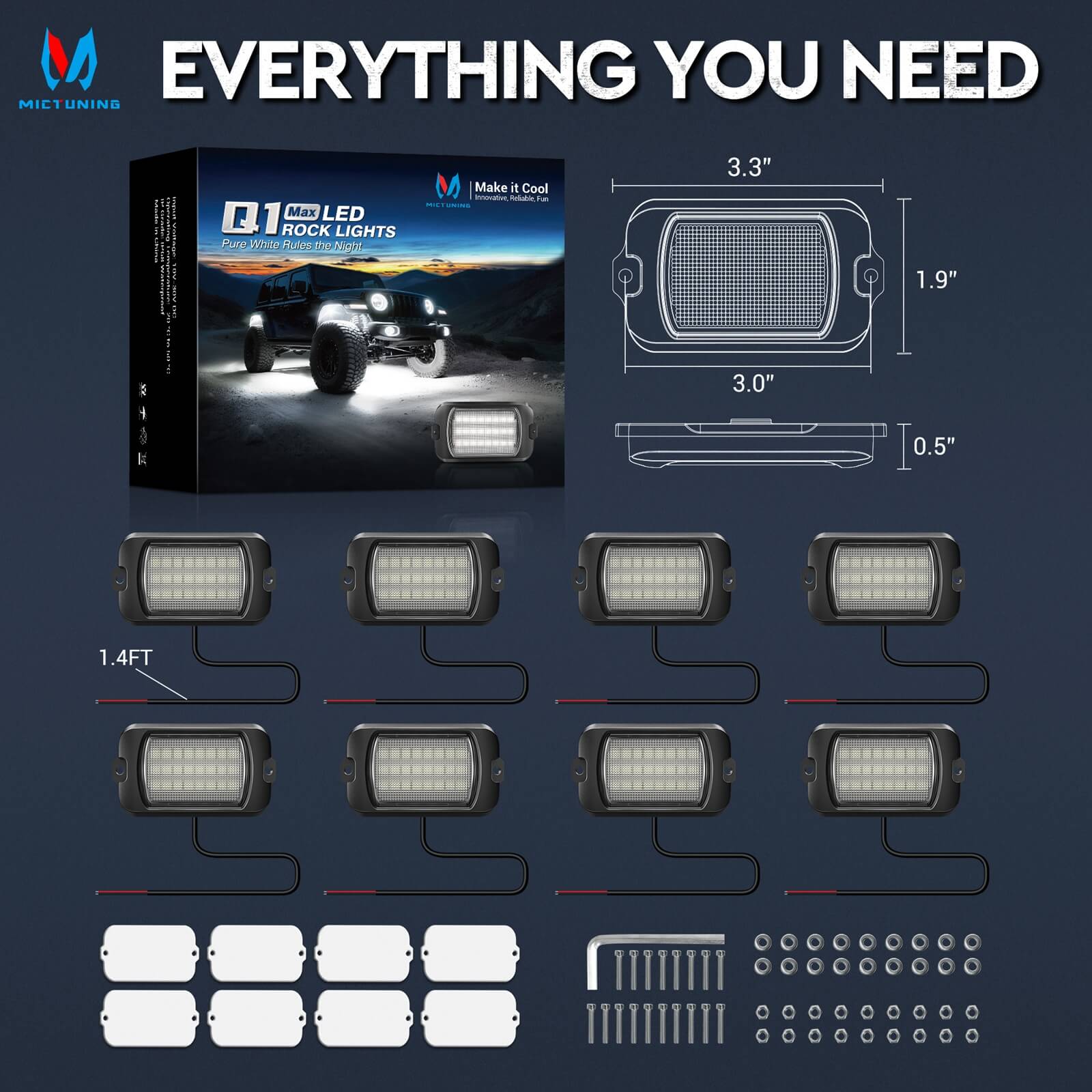 Q1 MAX White Rock Lights - 4-12 Pods Underglow Lights Compatible for Car Truck Offroad Boat, IP68 Waterproof