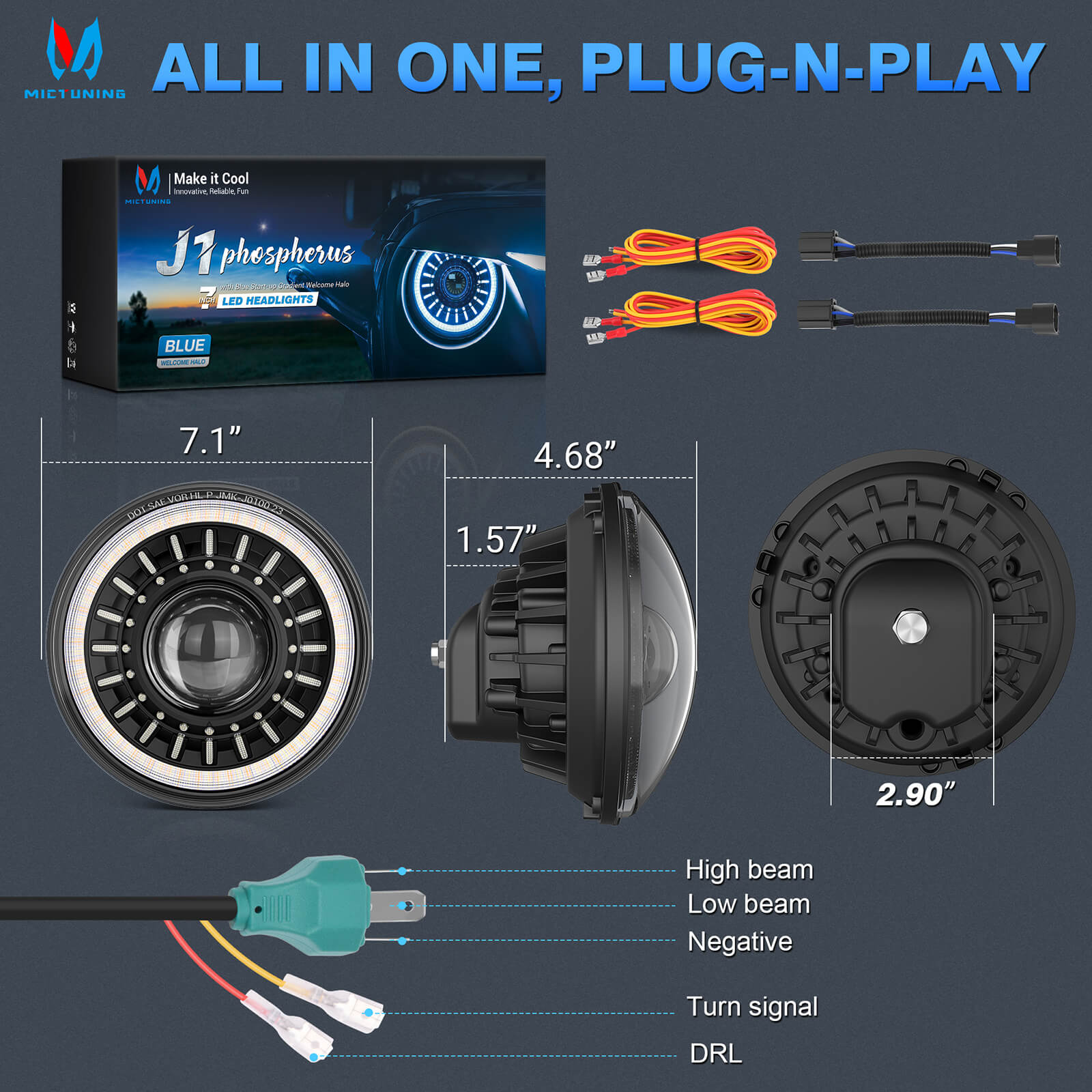 J1 7″ LED Headlights with Blue Welcome Halo Bundle with Wireless Removable RGB Switch Panel P1s-AC