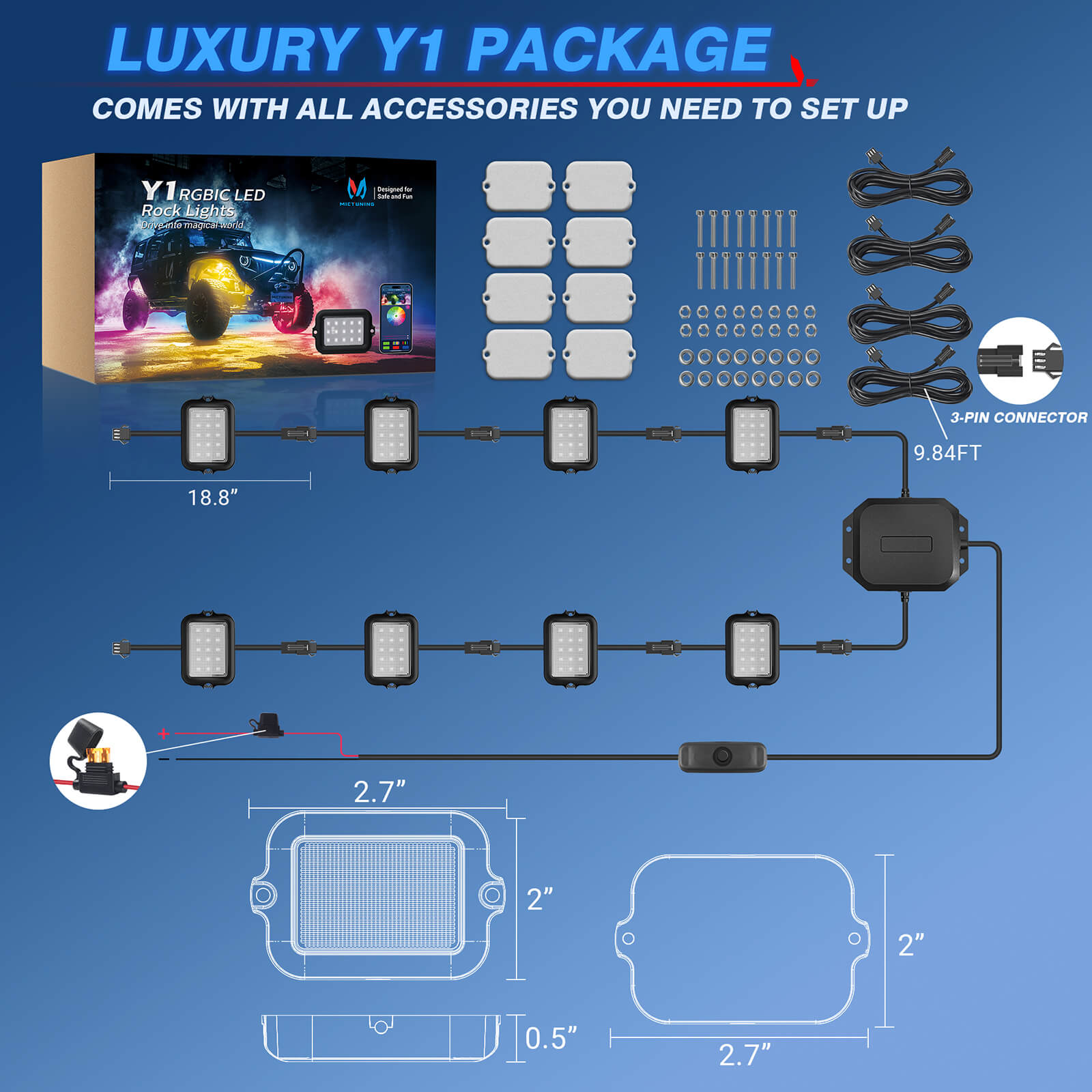 Y1 RGB IC Dream Color LED Rock Lights Kit 8 24 Pods Underglow Lights for Trucks with Chasing Effect