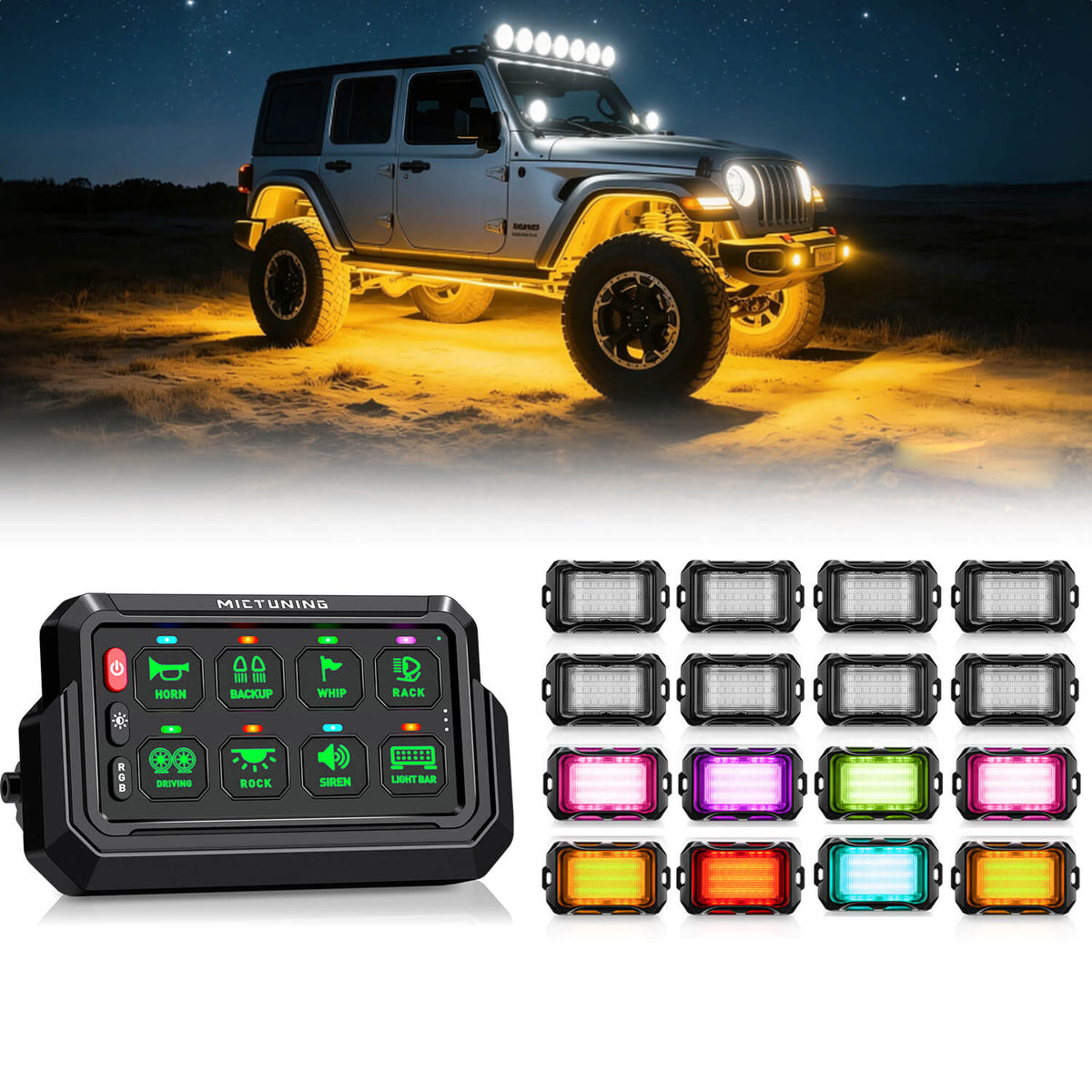 P1s-AC Wireless Cordless RGB Switch Panel Up to 265FT 8/12 Gang Bundle with Q2 MAX RGB+IC Rock Lights Individual Group Control, 8-16 Pods