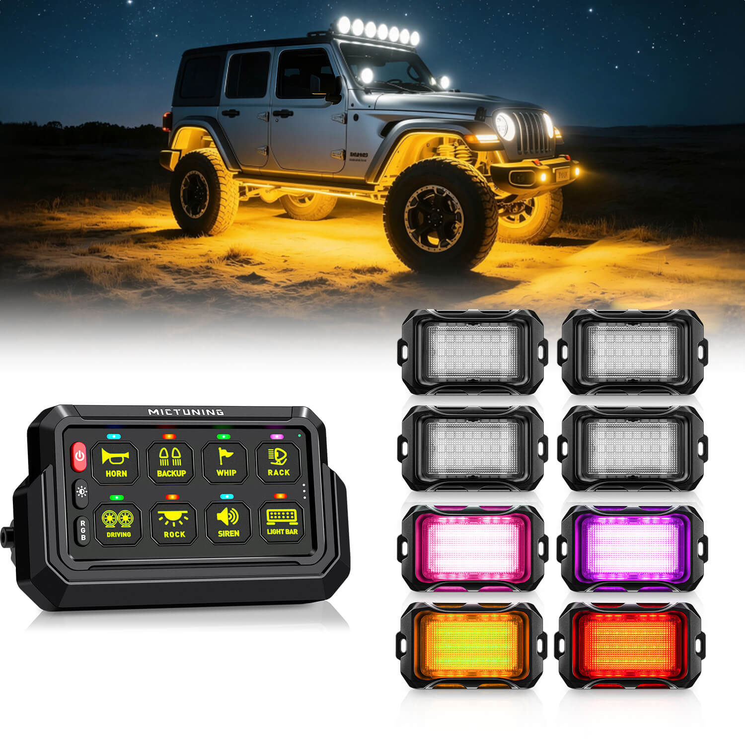 P1s-AC Wireless Cordless RGB Switch Panel Up to 265FT 8/12 Gang Bundle with Q2 MAX RGB+IC Rock Lights Individual Group Control, 8-16 Pods