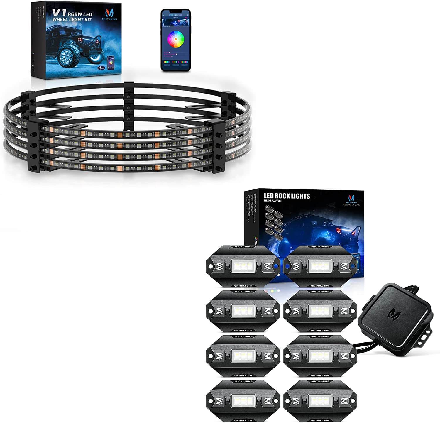 C1 8Pods RGBW LED Rock Lights with 15.5" RGBW LED Wheel Ring Lights Kit