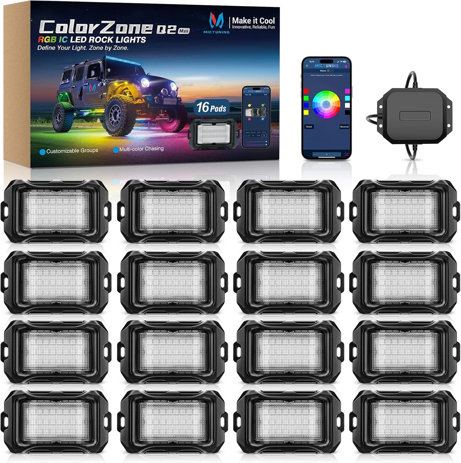 Newest Q2 MAX RGB+IC Rock Lights, 8-16 Pods Multi-Color DIY Effect Underglow Neon Kit, Individual Group Control, APP Control
