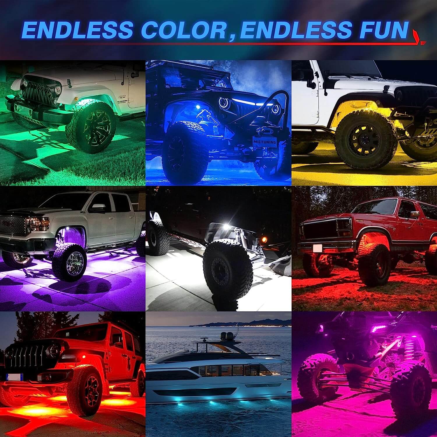 Q1 RGBW LED Rock Lights Dual Control Modes Pods Underglow Neon Light  MICTUNING