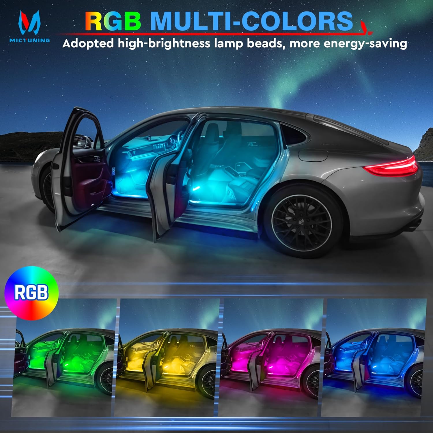 N1 RGB Car Interior Lights 4pcs 48 LEDs Car LED Strip Atmosphere Light  with Music Sensor APP Controller 12V/24V