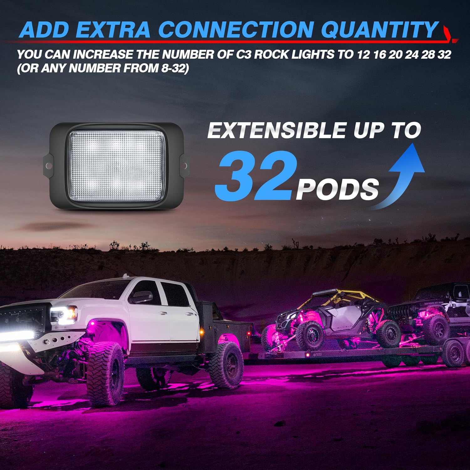 C3 Extensible RGBW LED Rock Lights - 4-32 Pods Wireless Control Multi-Color Neon Underglow Lights