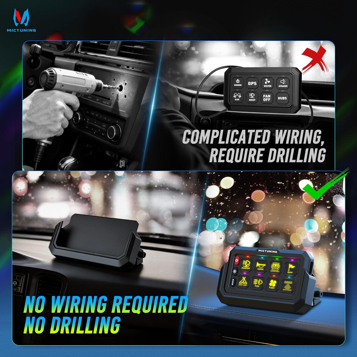 MICTUNING P1s-AC Wireless Cordless RGB Switch Panel 8/12 Gang, Up to 165FT/265FT Range, Aluminum Multifunction Removable Panel