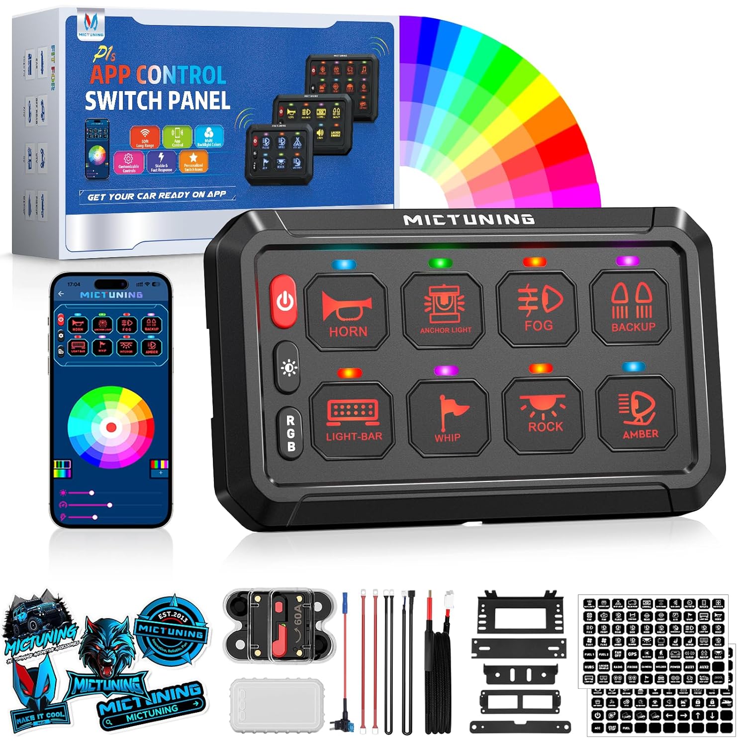 P1s-APP Bluetooth 8/12 Gang 5" RGB Switch Panel, High Power 5-Level Brightness, Multifunction Touch Toggle Switch