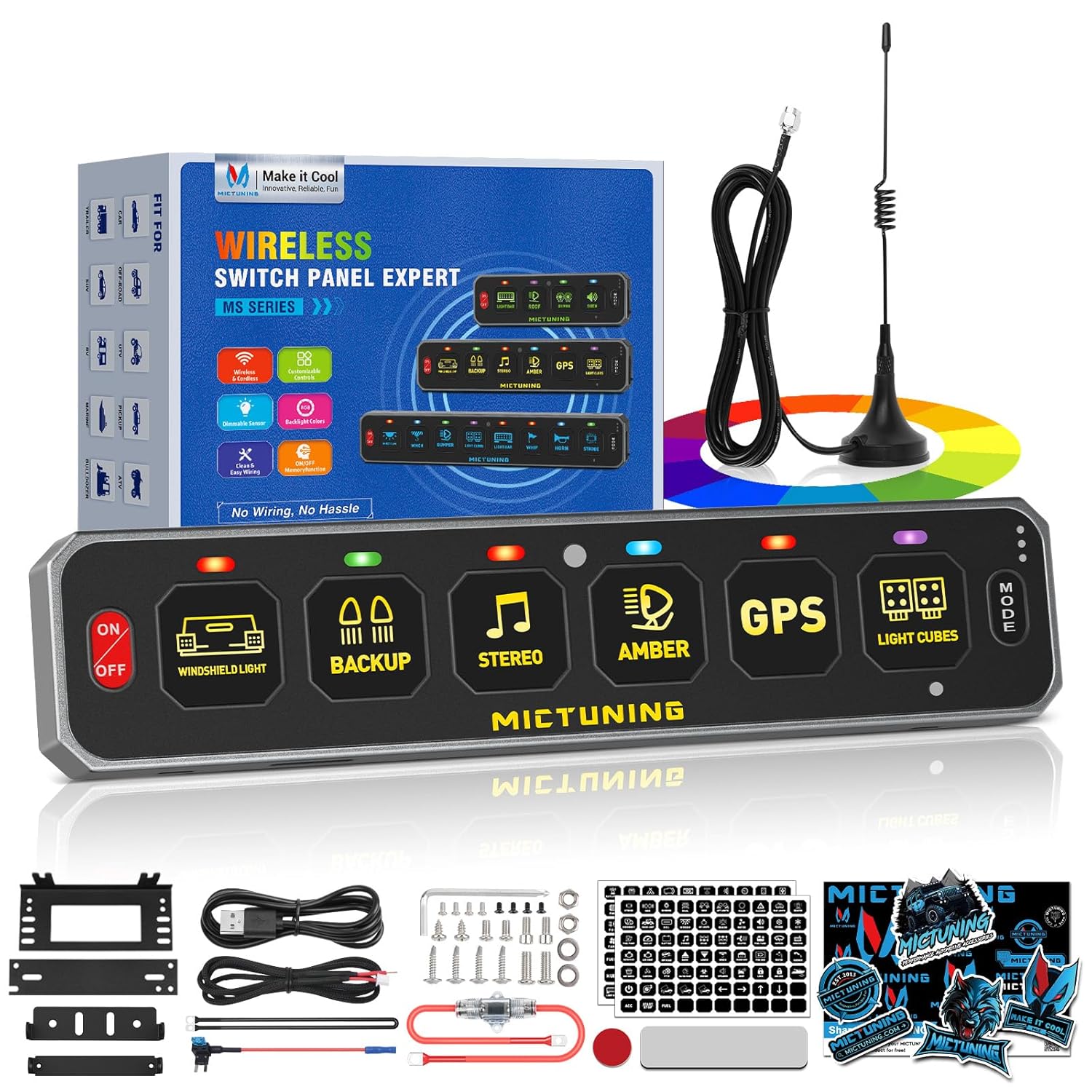 MS-W Slim Wireless Switch Panel, Up to 208FT Range, 6 Gang/8 Gang Toggle Momentary Strobe Pulsed Flash, RGB Dimmable Backlit