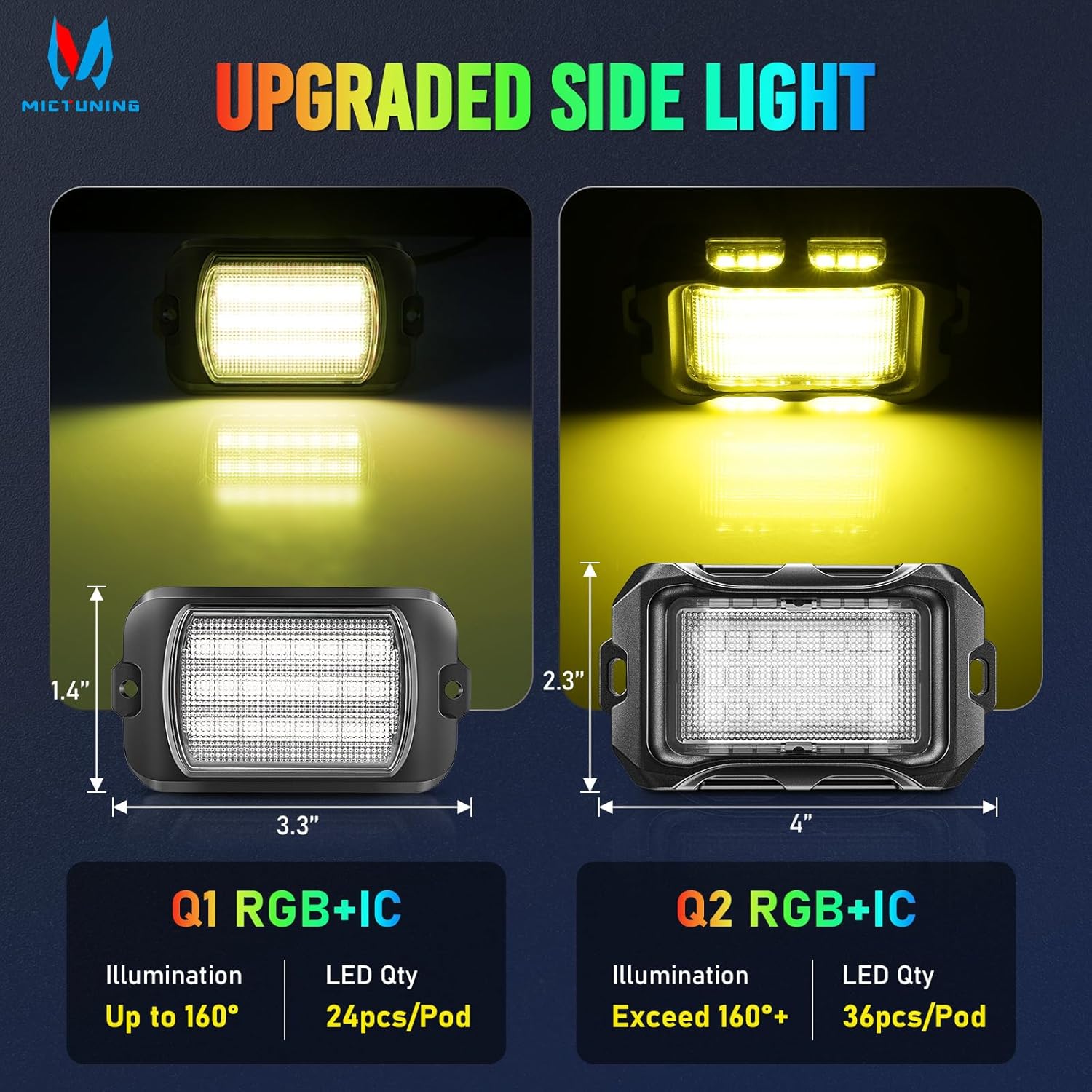 Newest Q2 MAX RGB+IC Rock Lights, 8-16 Pods Multi-Color DIY Effect Underglow Neon Kit, Individual Group Control, APP Control