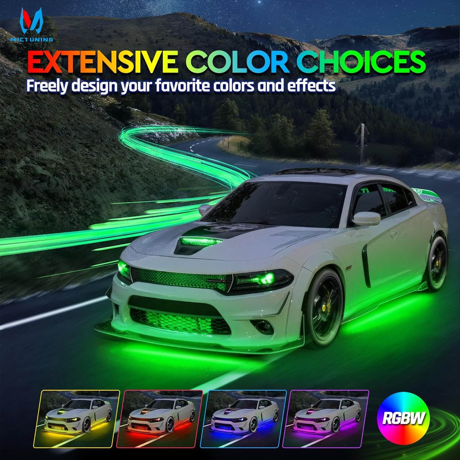 N8 RGBW LED Car Underglow Light Kit Bundle with C2 RGBW LED Rock Lights