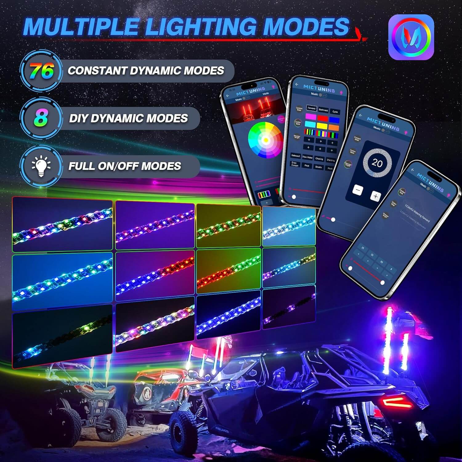 N8 RGB+IC LED Car Underglow Light Kit Bundle with LED Whip Lights Kit