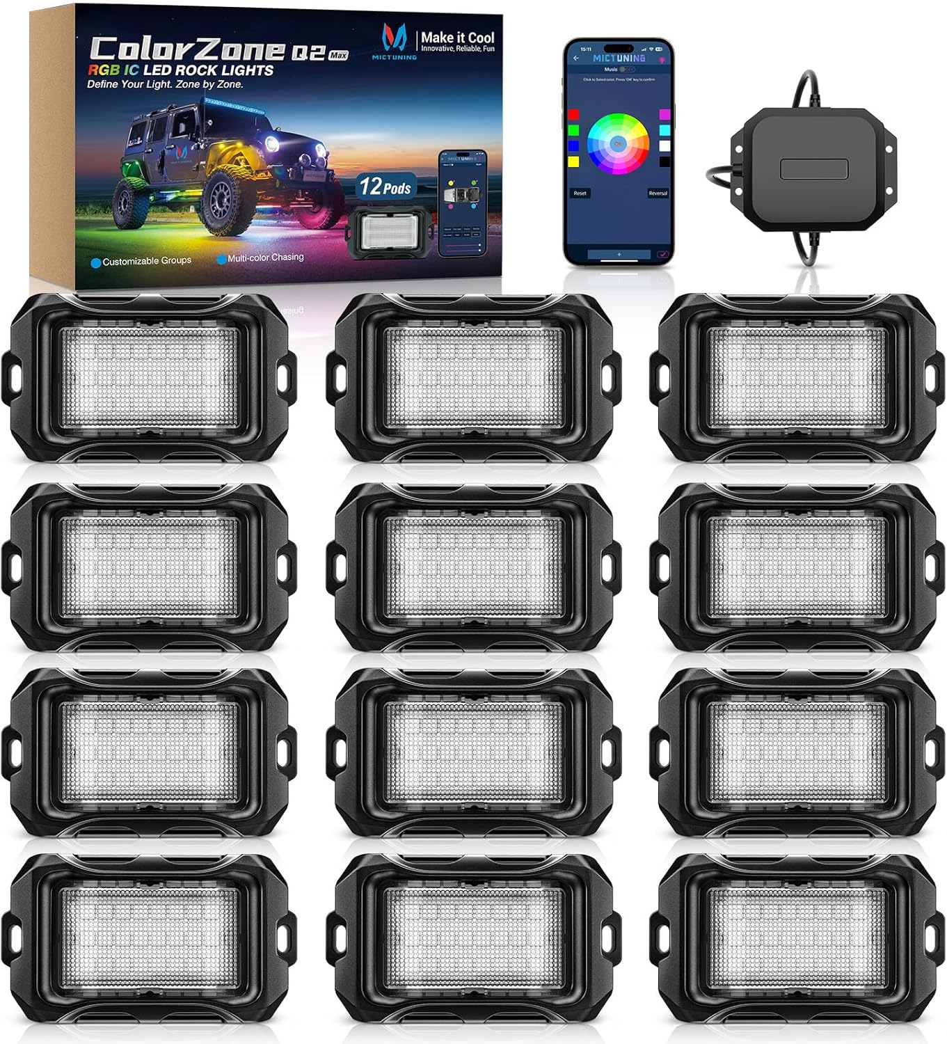 Newest Q2 MAX RGB+IC Rock Lights, 8-16 Pods Multi-Color DIY Effect Underglow Neon Kit, Individual Group Control, APP Control
