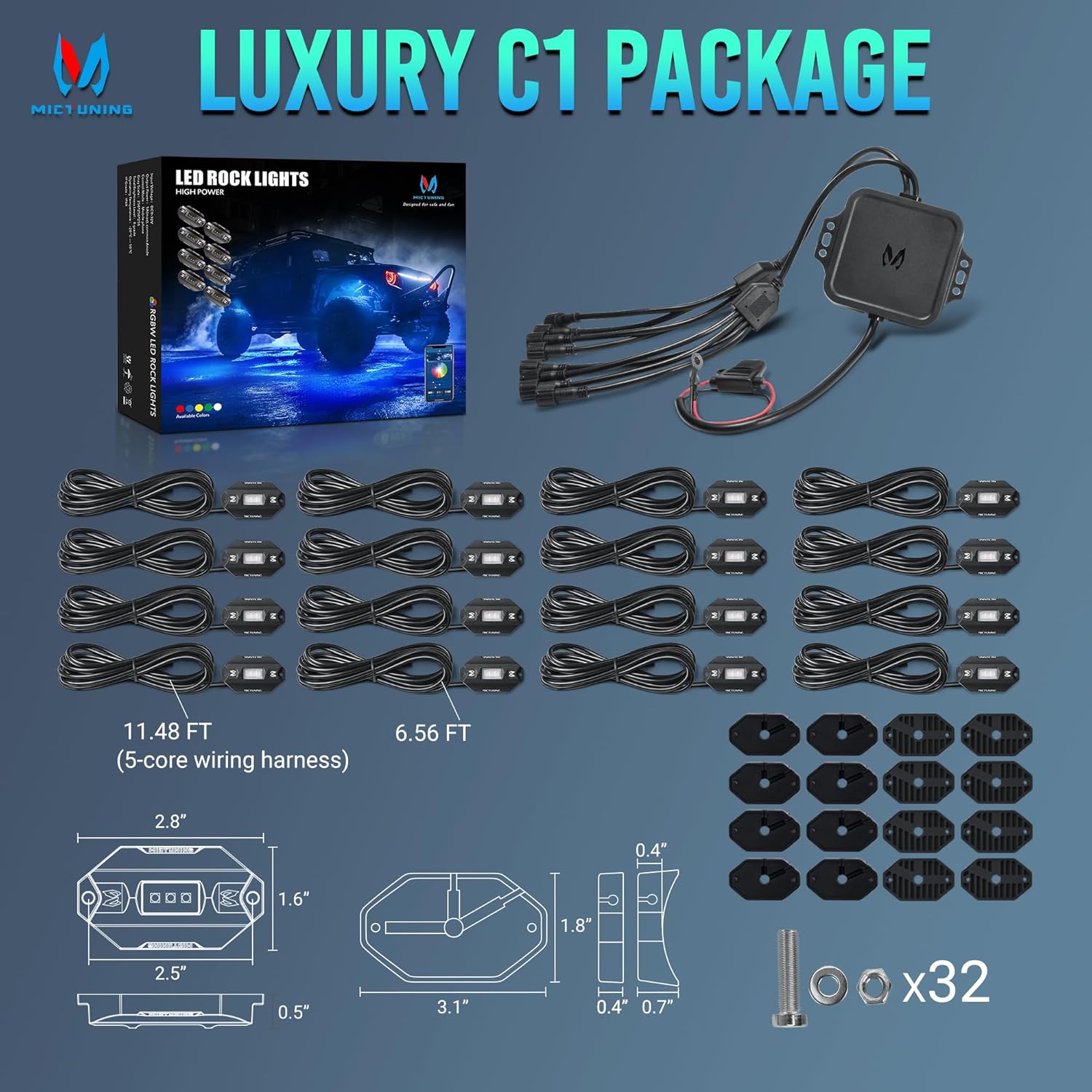 C1 RGBW LED Rock Lights 4-16 Pods Multicolor Underglow Neon Offroad Light Kit