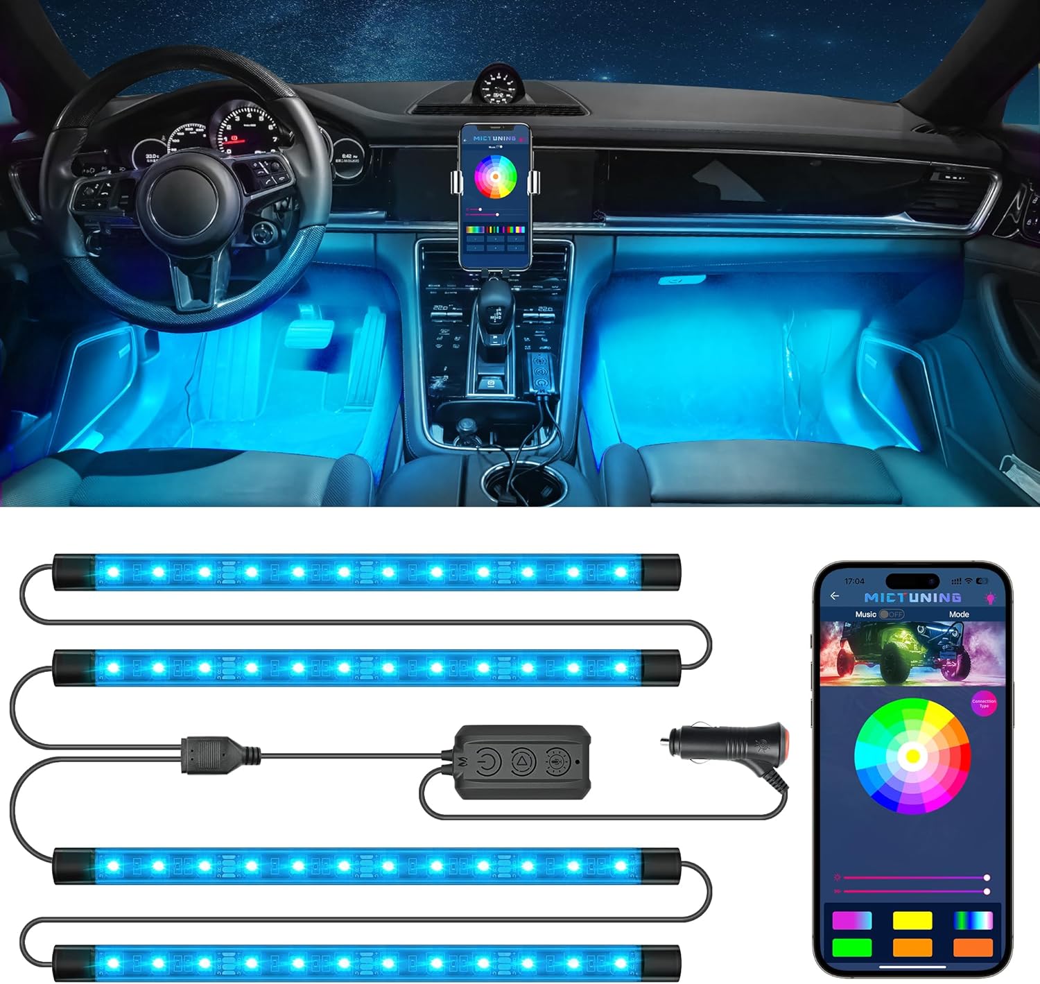 N1 RGB Car Interior Lights 4pcs 48 LEDs Car LED Strip Atmosphere Light  with Music Sensor APP Controller 12V/24V