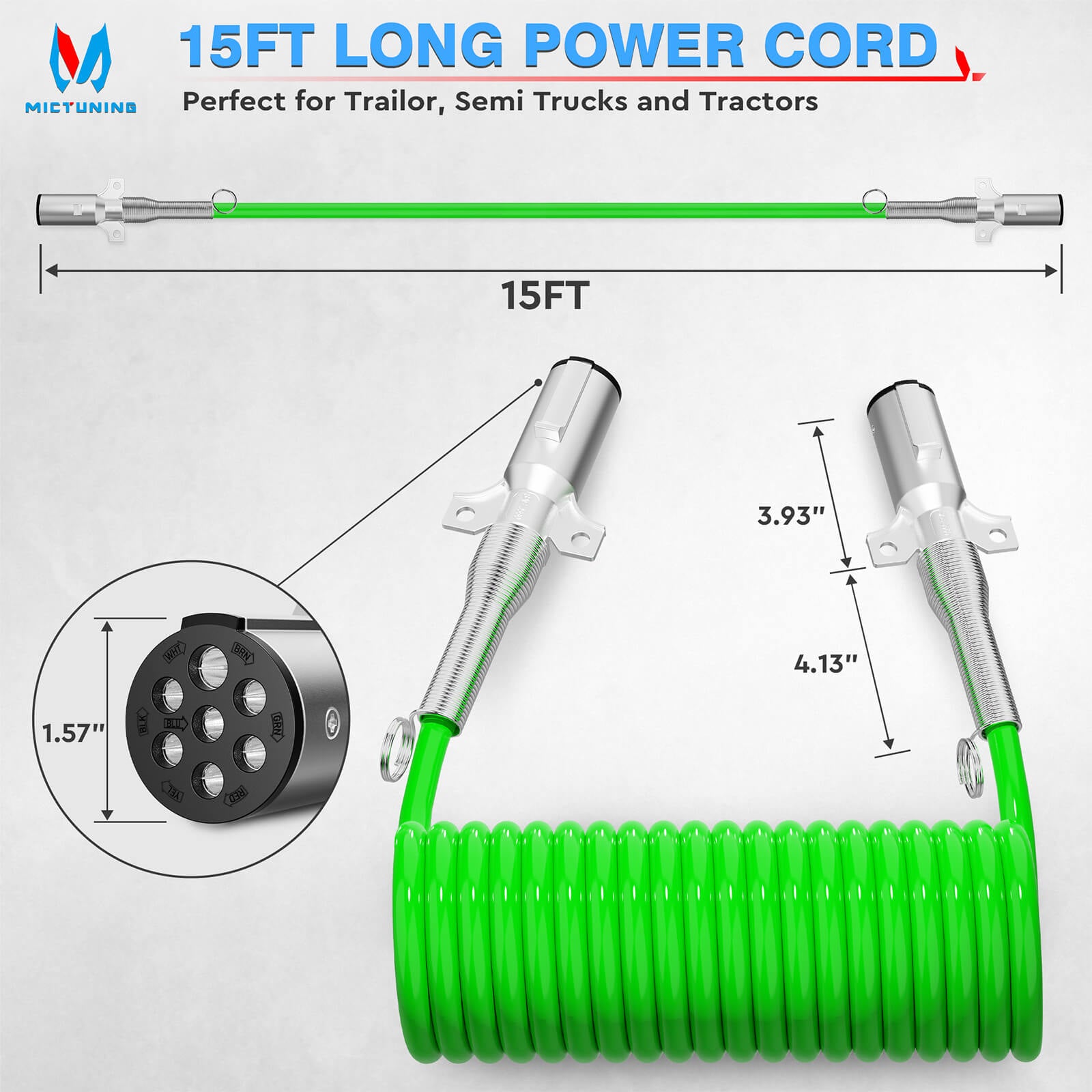 MICTUNING 7 Way Coiled Trailer Cord 15FT Green ABS Electrical