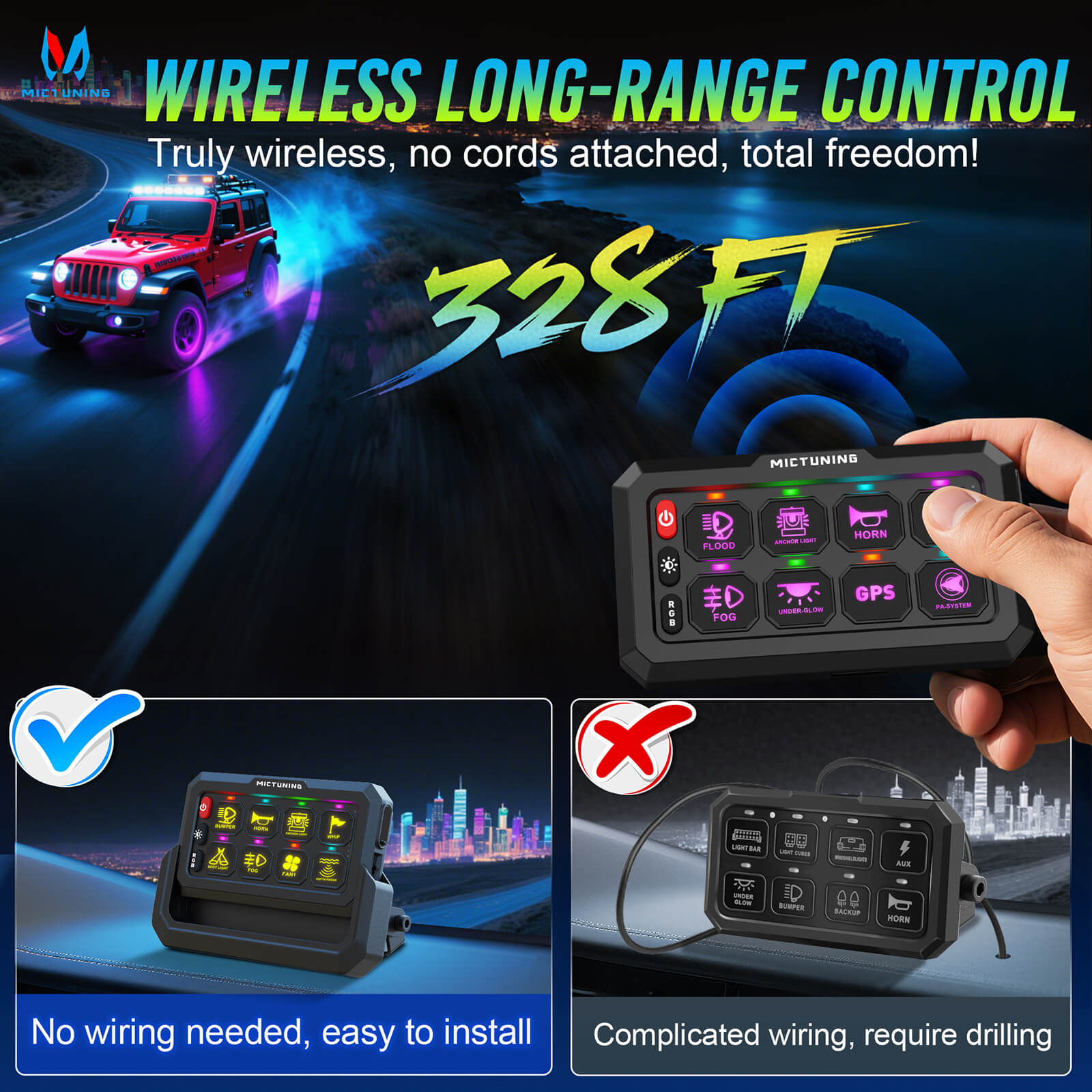 MICTUNING Upgraded P1s-W Wireless Switch Panel, Up to 328FT Range