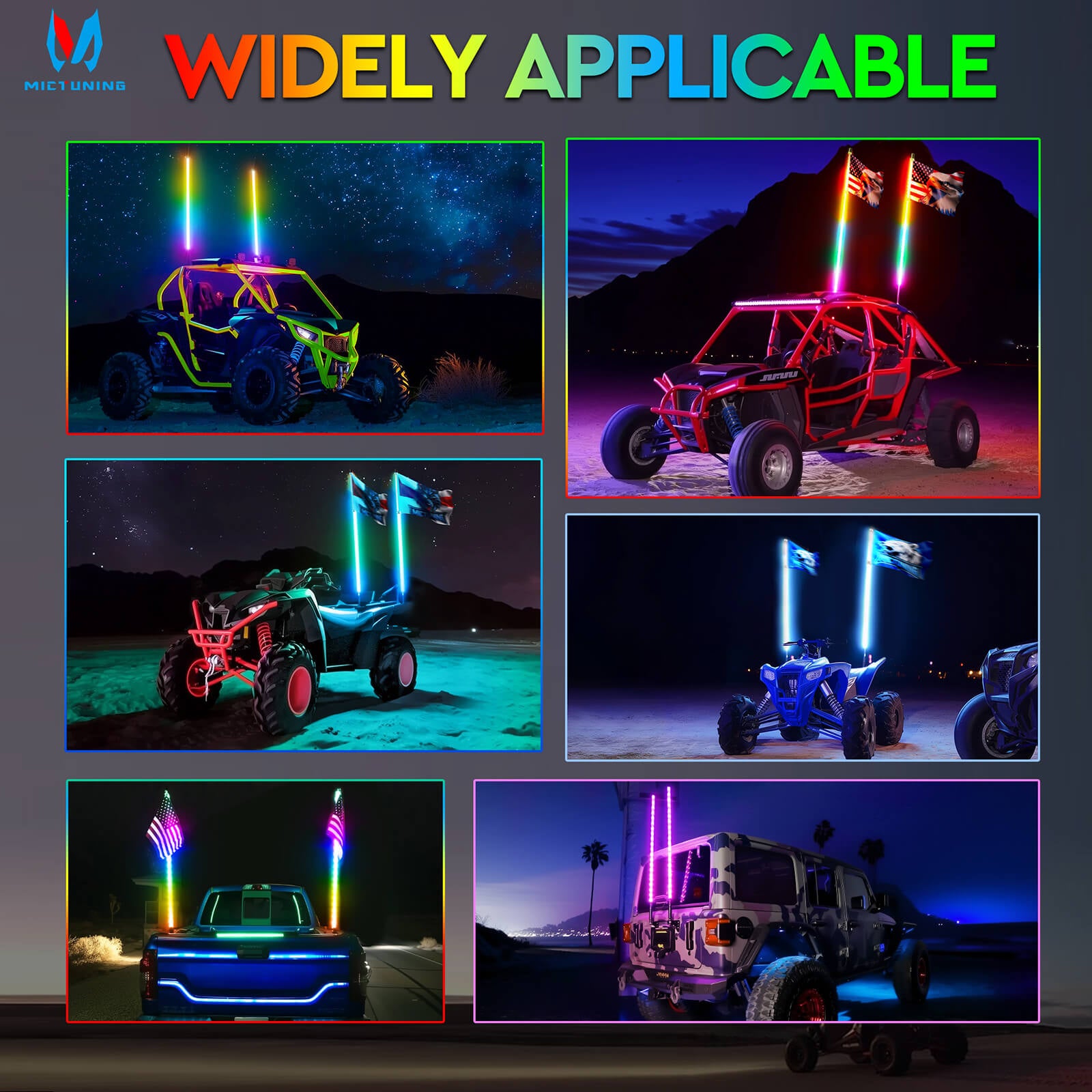 3FT/4FT RGB+IC Chasing Colors LED Whip Light, w/ Remote Control, Rocker Switch & 8 Flags, 1pc/2pcs