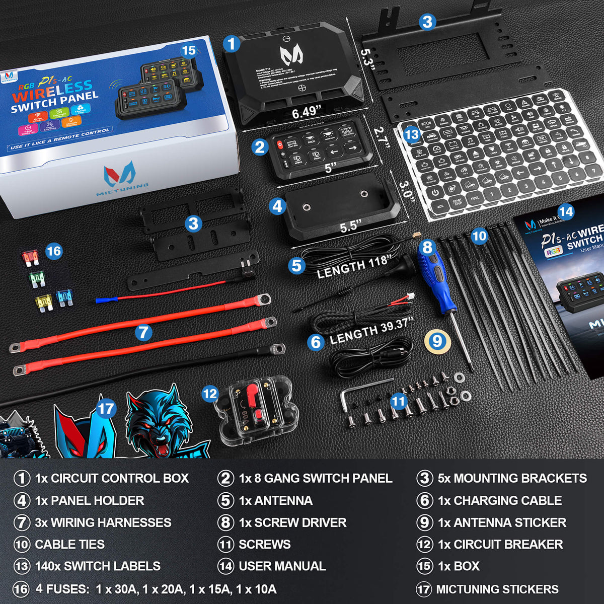P1s-AC Wireless Cordless RGB Switch Panel Up to 265FT 8/12 Gang Bundle with Q2 MAX RGB+IC Rock Lights Individual Group Control, 8-16 Pods