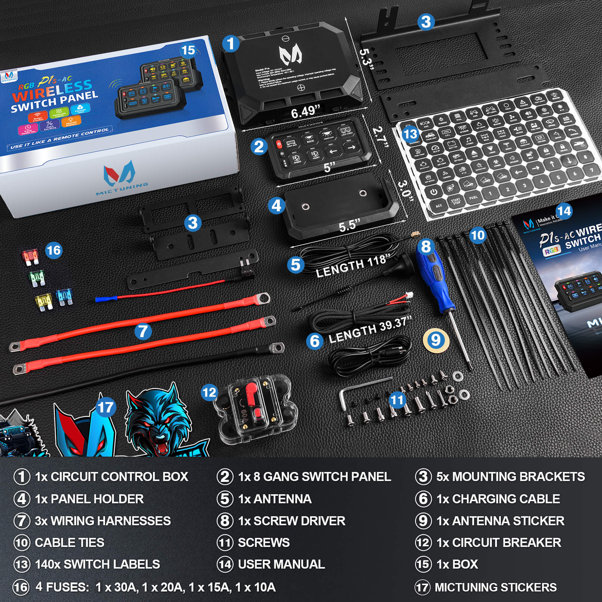 N8 RGBW/RGB+IC Car Underglow Light Kit Bundle with P1s-AC Wireless 8/12 Gang RGB Switch Panel