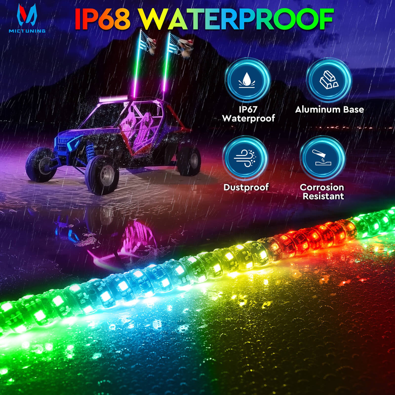 3FT/4FT RGB+IC Chasing Colors LED Whip Light, w/ Remote Control, Rocker Switch & 8 Flags, 1pc/2pcs