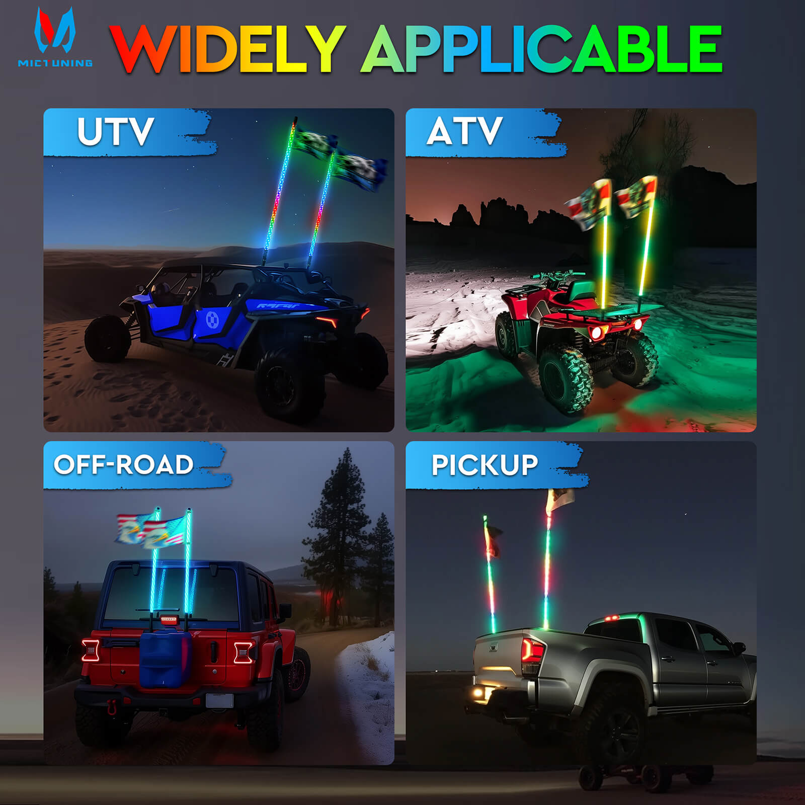 3FT/4FT LED Whip Light RGB+IC Chasing Colors, APP & Remote Control, w/ Rocker Switch & 8 Flags, Brake/Turn Signal/Reverse, 1pc/2pcs