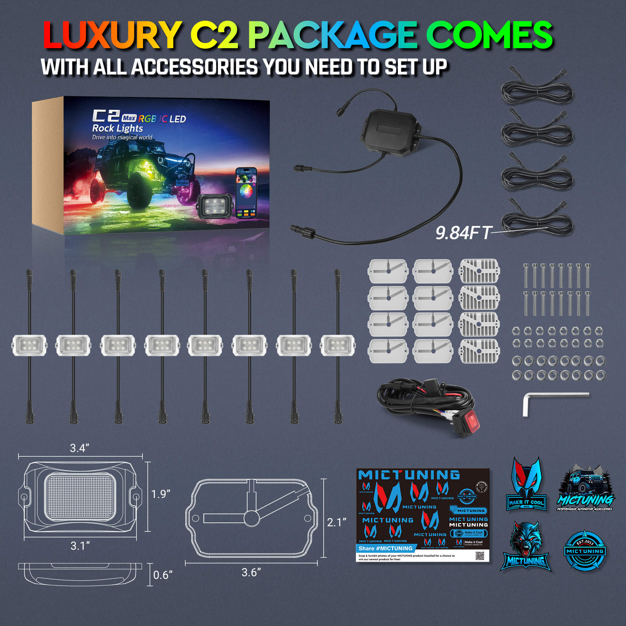 C2 Max RGB+IC Chasing Color Rock Lights Kit, 8/16 Pods, IP68 Waterproof, White