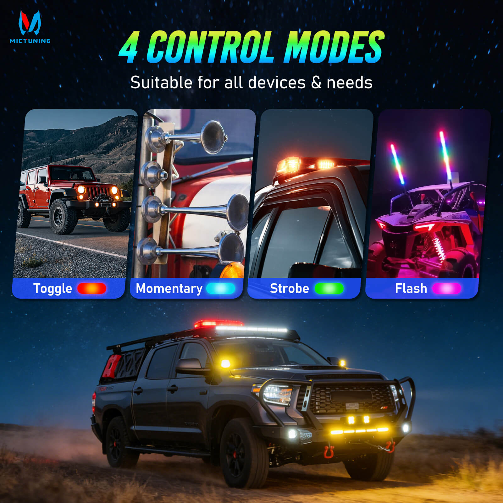 MS-W Slim Wireless Switch Panel Up to 208FT Range 6 Gang/8 Gang Bundle with Q1 Max RGB+IC Rock Lights Chasing Dream Color 8-24 Pods