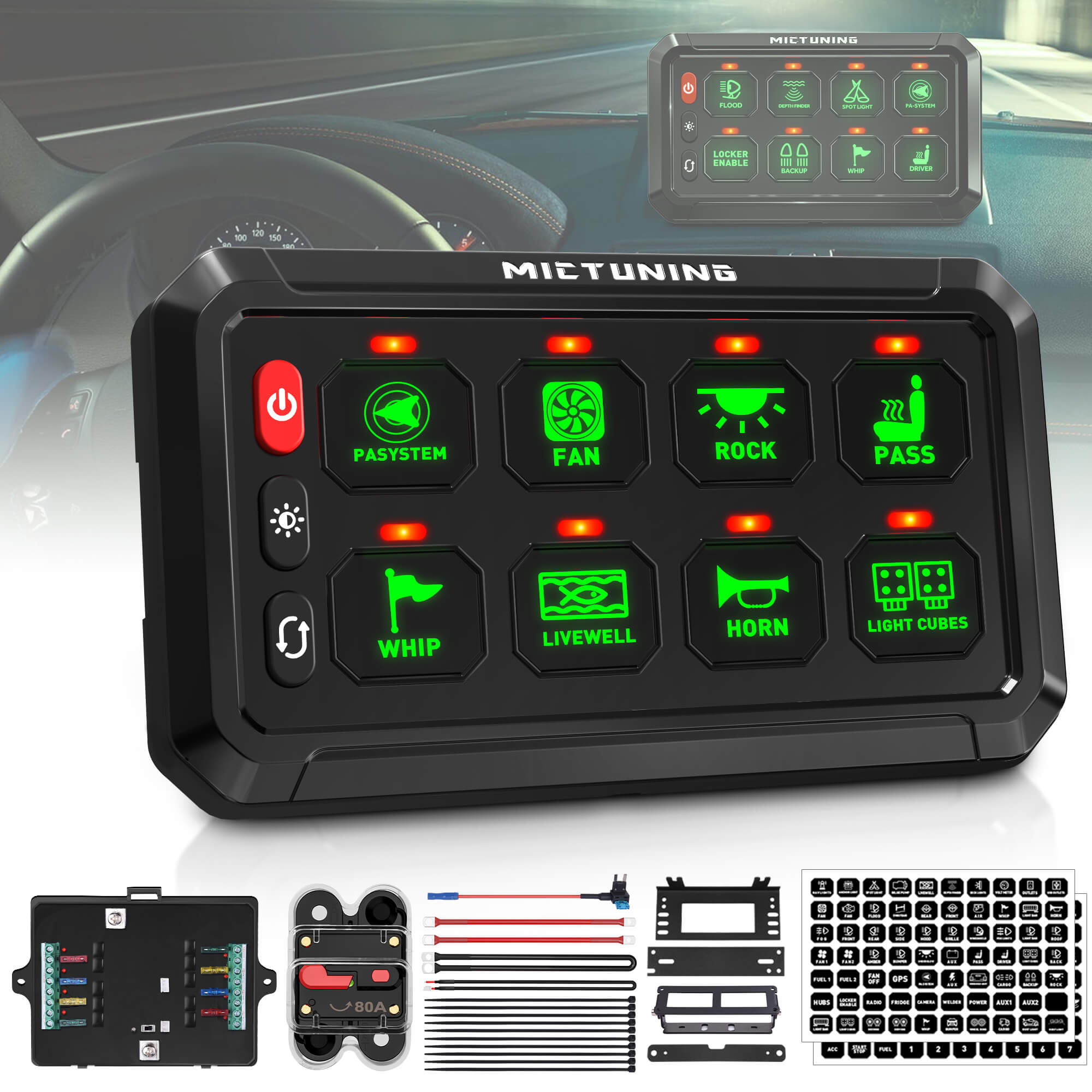 All-In-One Auxiliary Blue/Green Switch Panel, MICTUNING P1S