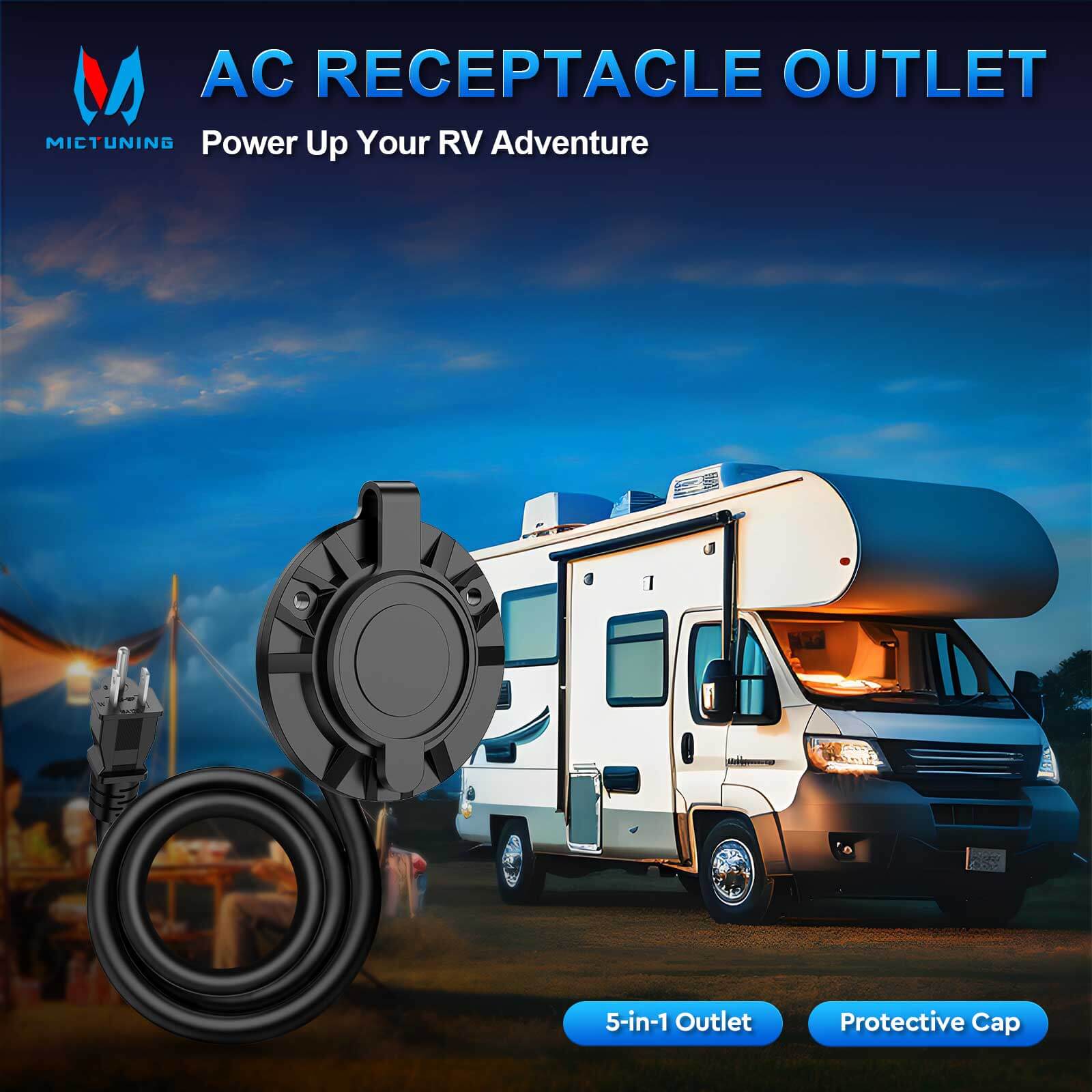 5-in-1 Outdoor Power Outlet, 20A 125V Receptacle Outlet Weatherproof Cap, RV Shore Power Outlet with Integrated 20-Inch Outdoor Extension Cord 12AWG