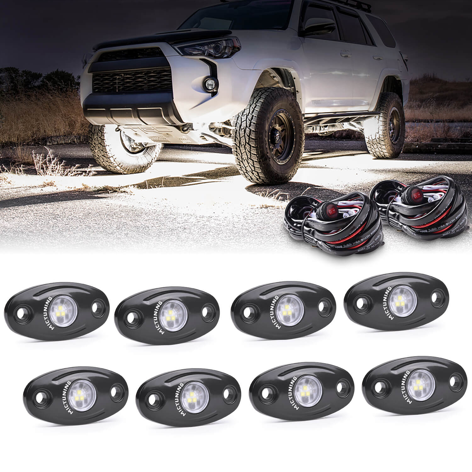 White LED Rock Lights with Wiring Harness 4-8 Pods, Waterproof Underglow Underbody Light Kit