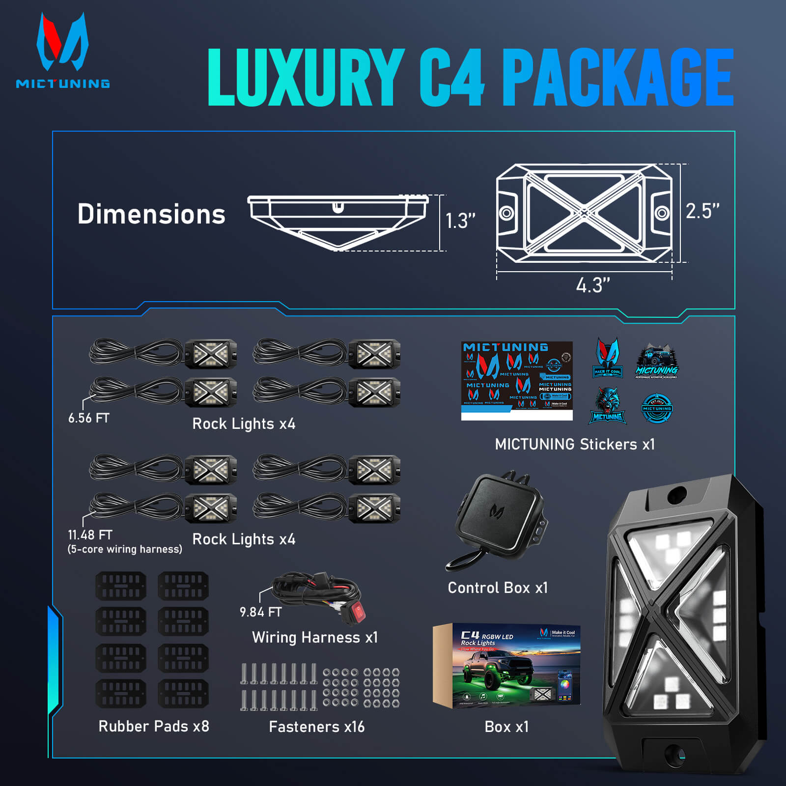MS-W Slim Wireless Switch Panel Up to 208FT Range 6 Gang/8 Gang Bundle with C4 4-Sided RGBW LED Rock Lights 8-16 Pods