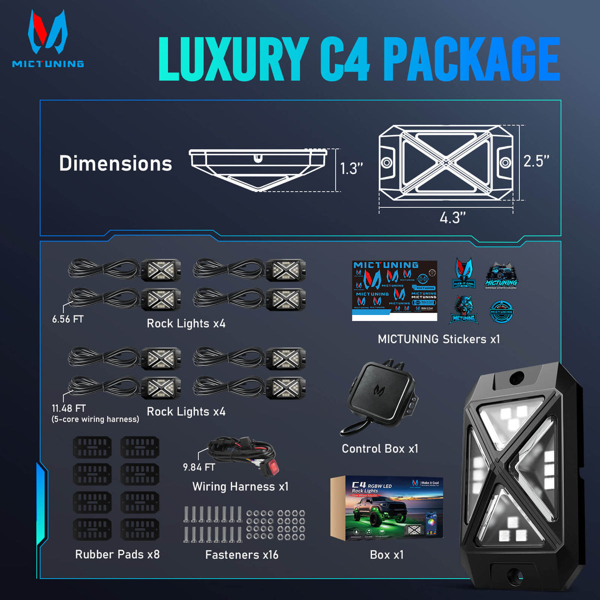 P1s-AC-APP Wireless Switch Panel with App Control, 8/12 Gang Bundle with C4 360° Ultra-bright RGBW Rock Lights, 8-16 Pods