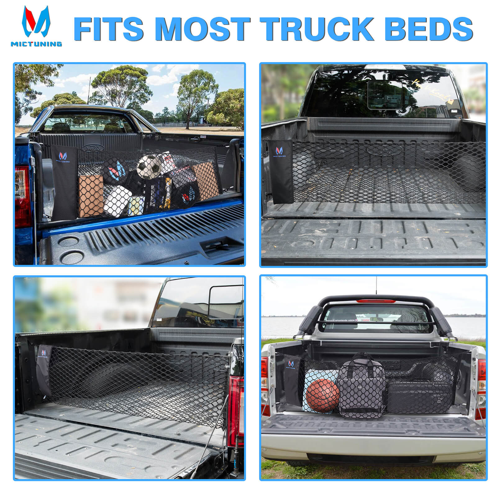 Truck Bed Net Pickup Cargo Net Rear Car Trunk, with Storage Bag & 8 Carabiners Hooks, For Chevy Silverdo Ford F150 GMC(16.9" X 49" to 62")