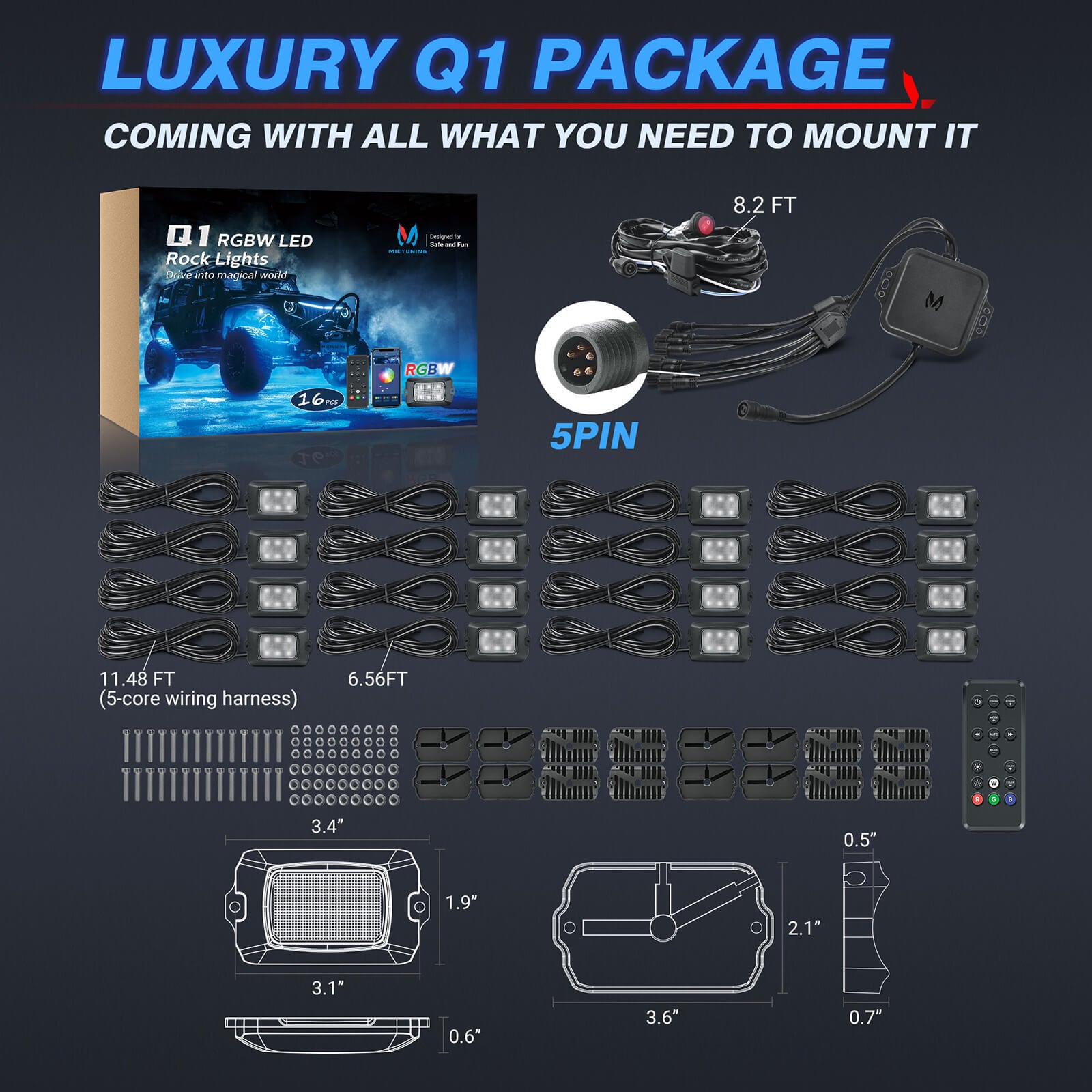 MICTUNING Q1 RGBW LED Rock Lights, APP+Remote Control Pure