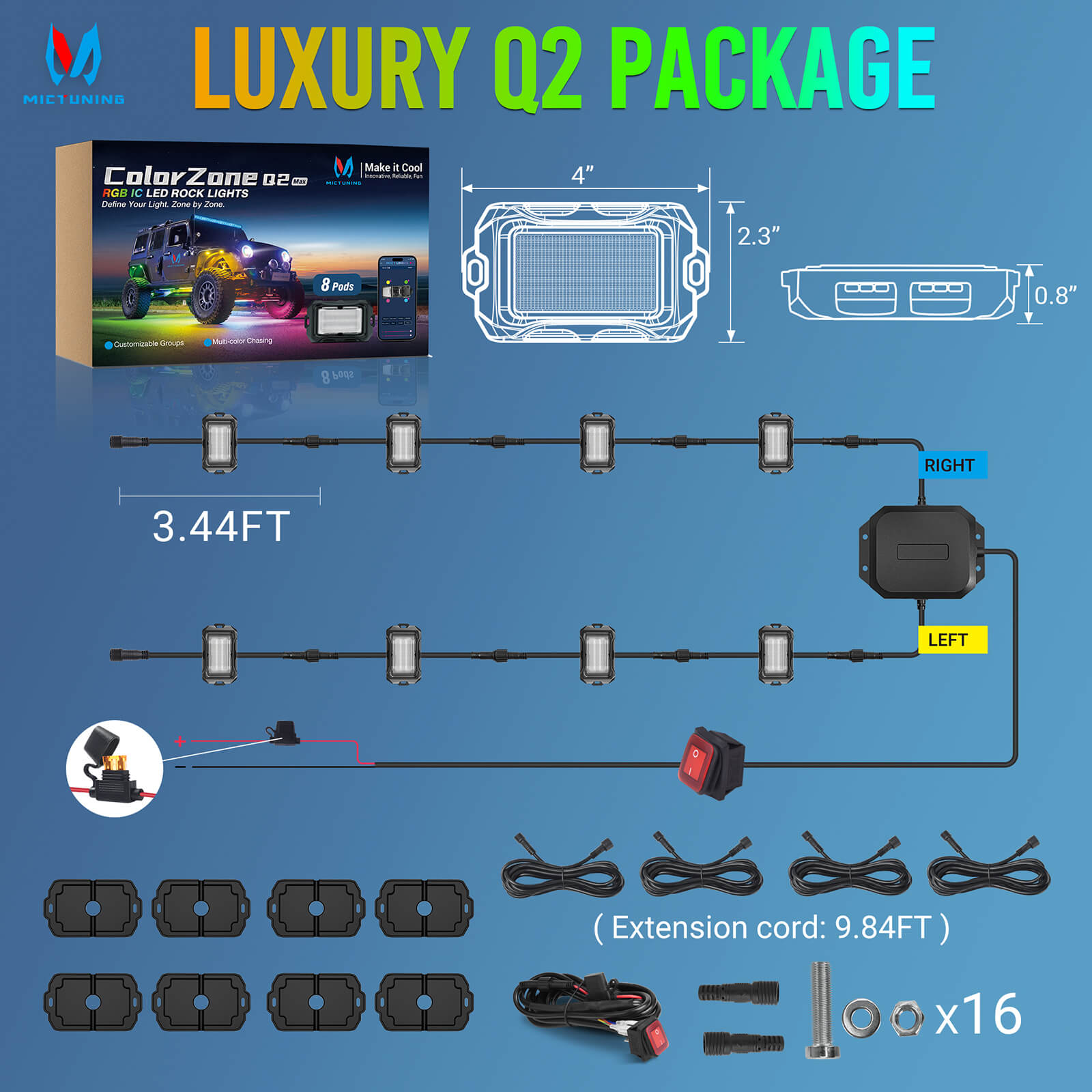 Newest Q2 MAX RGB+IC Rock Lights, 8-16 Pods Multi-Color DIY Effect Underglow Neon Kit, Individual Group Control, Extensible Up to 20 Pods, APP Control