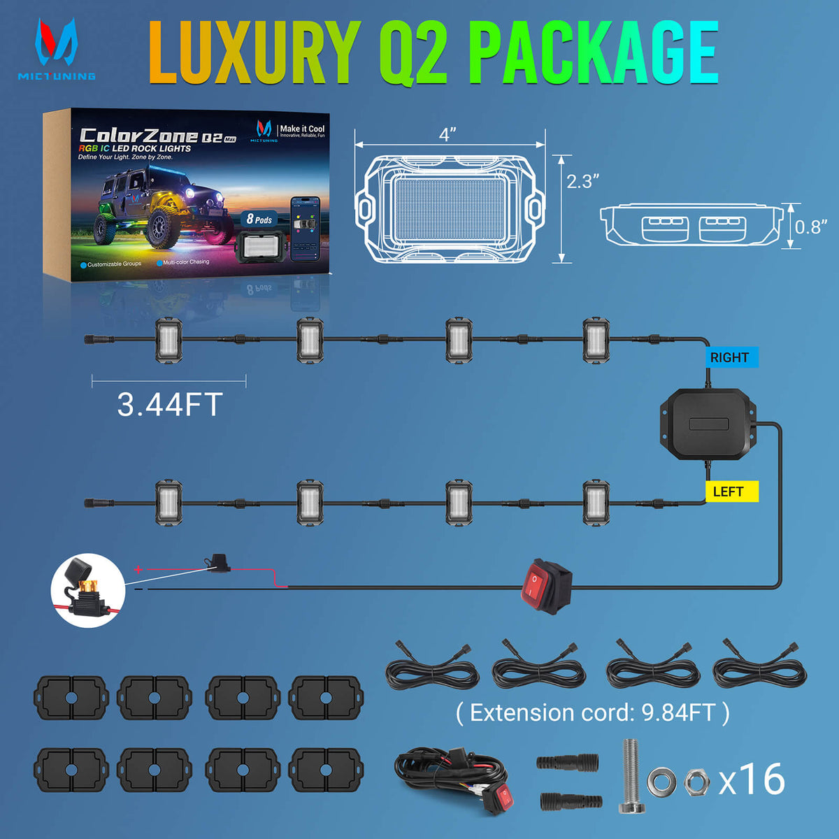 P1s-AC Wireless Cordless RGB Switch Panel Up to 265FT 8/12 Gang Bundle with Q2 MAX RGB+IC Rock Lights Individual Group Control, 8-16 Pods