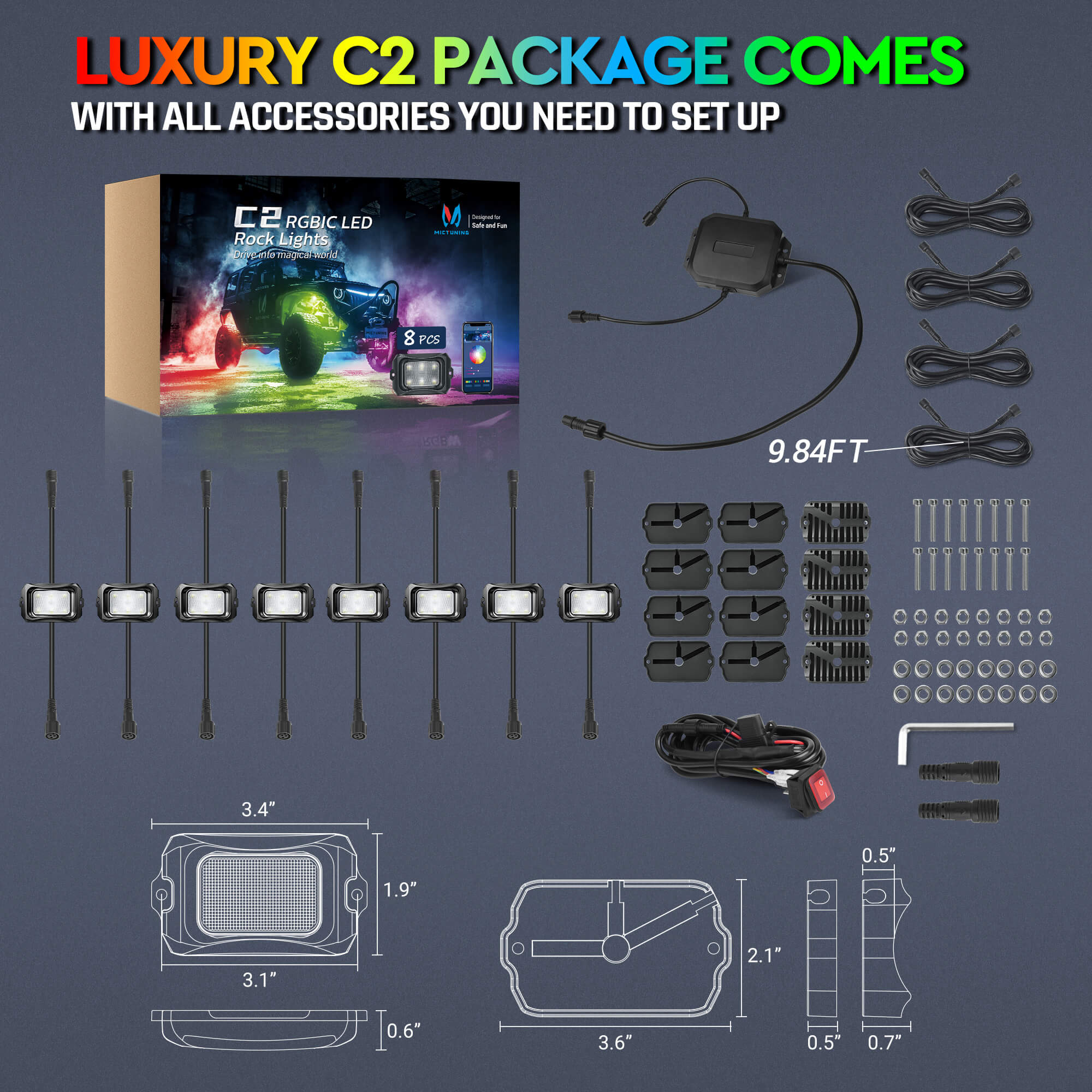 Three-Piece RGB+IC Collection, C2 RGB+IC Rock Lights 8 Pods, 4ft W1 Whip Lights Kit with Chasing Color Wheel Ring Lights