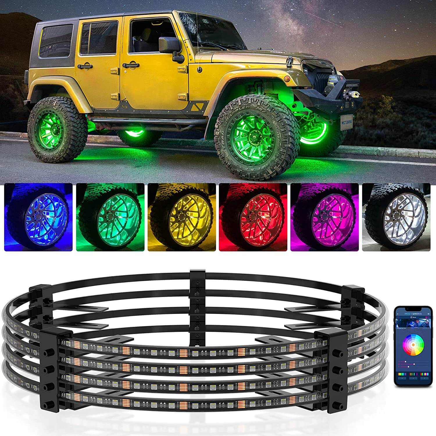 Exclusive Luxury Three-Piece RGBW Collection 1, C2 8 Pods Rock Lights, 15.5" Wheel Ring Lights and S1 3" LED Pod Light