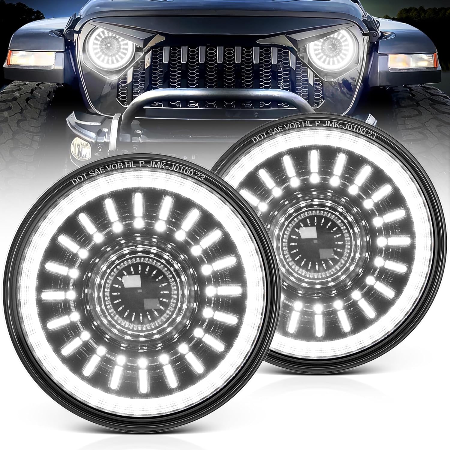 7″ LED Headlights with Blue Welcome Halo For Jeep Wrangler JK JKU
