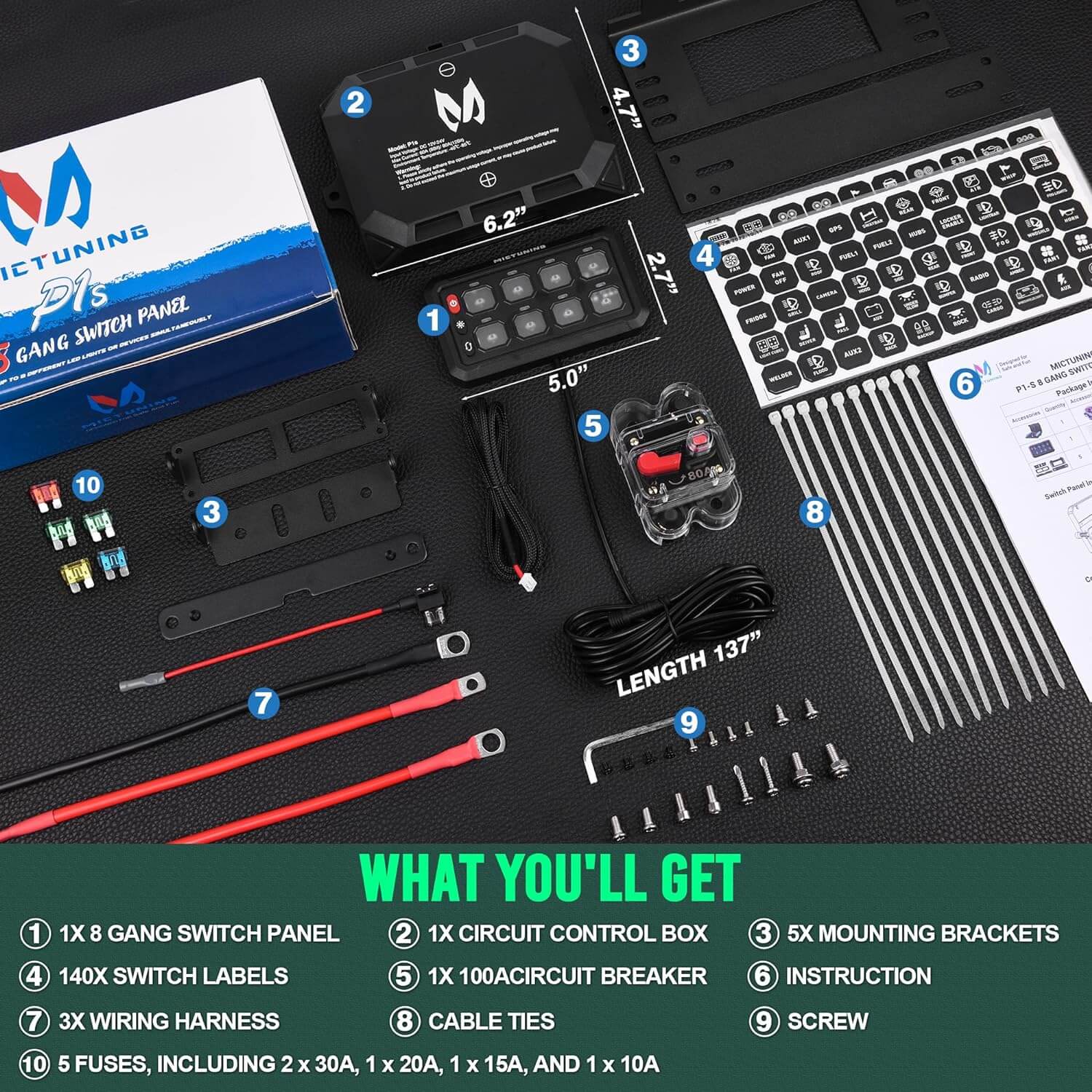 All-In-One Auxiliary Blue/Green Switch Panel, MICTUNING P1S