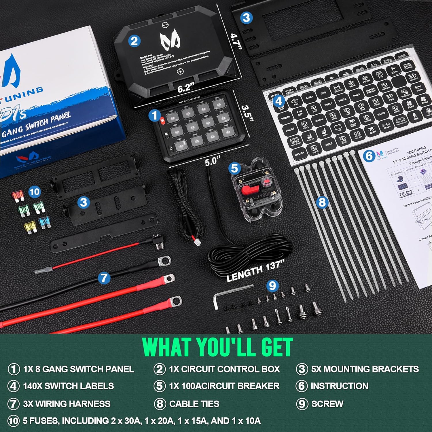 Blue/Green P1S Switch Panel | P1s-X Switch Panel | P1B Switch Panel, 8/12 Gang Multifunction Switch Panel