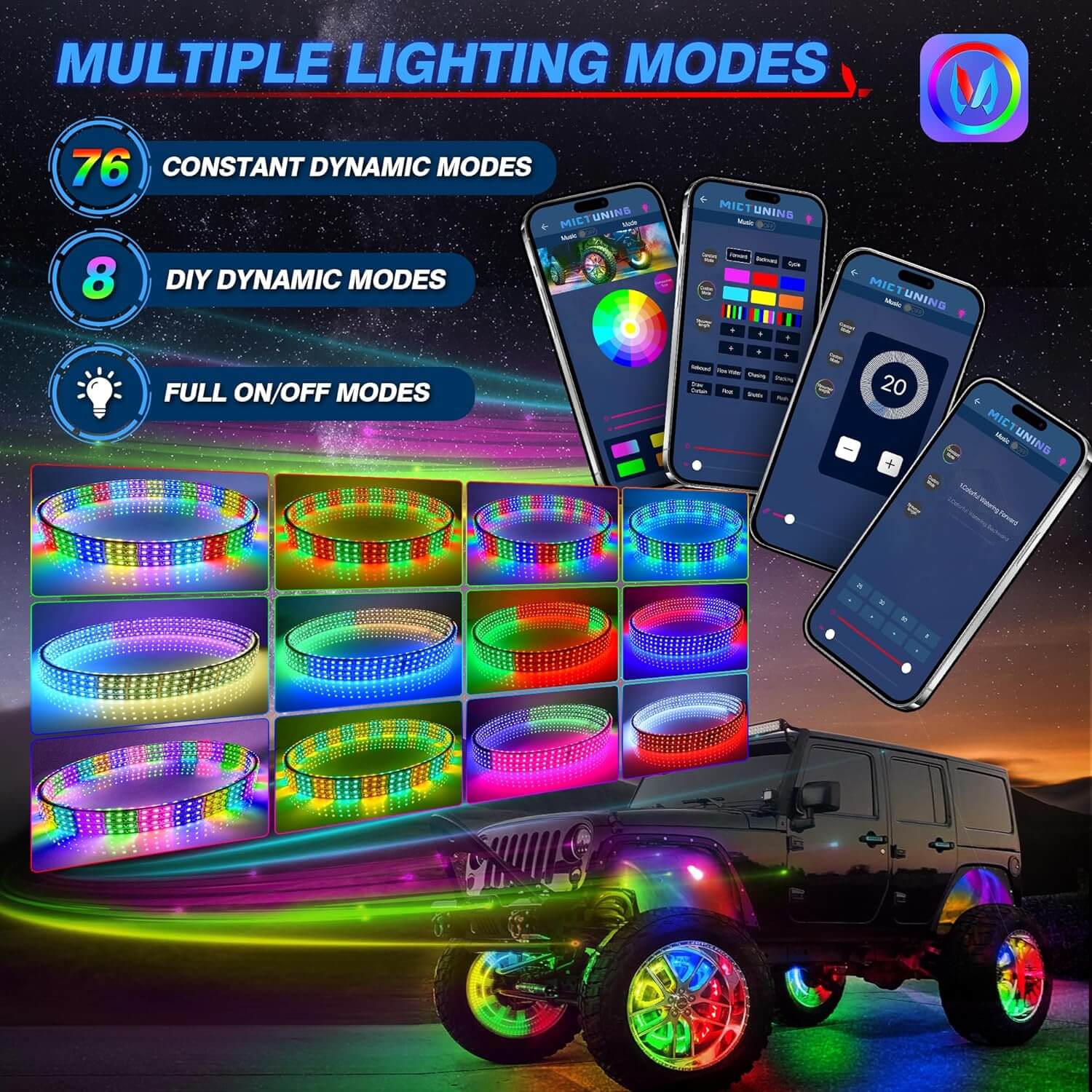 N3 RGB+IC Car Underglow Light Strip Kit Bundle with V1 RGB + IC Wheel Ring Lights