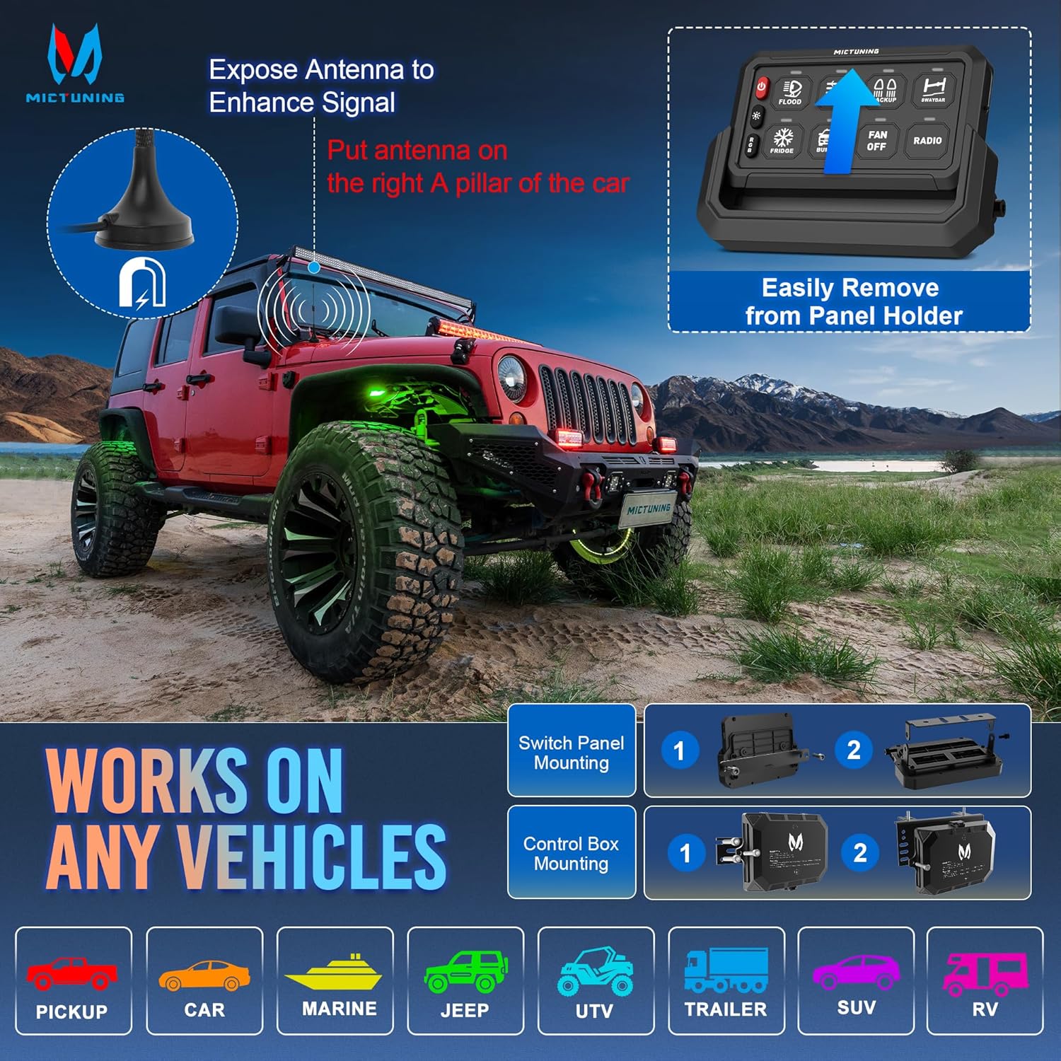 MICTUNING P1s-AC Wireless Cordless RGB Switch Panel 8/12 Gang, Up to 165FT/265FT Range, Aluminum Multifunction Removable Panel