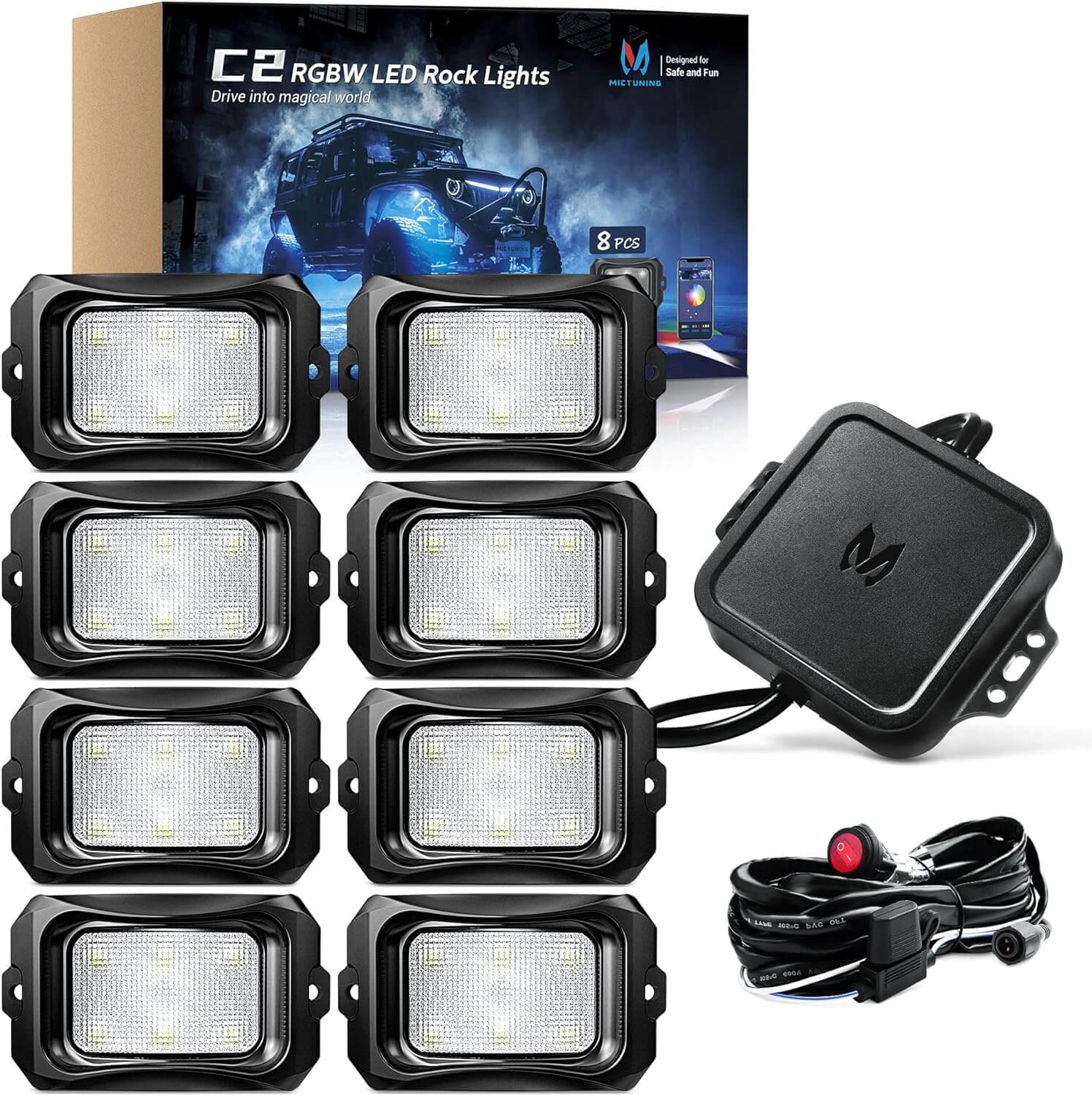 MICTUNING N8 RGBW LED Car Underglow Light Kit Bundle with C2 RGBW