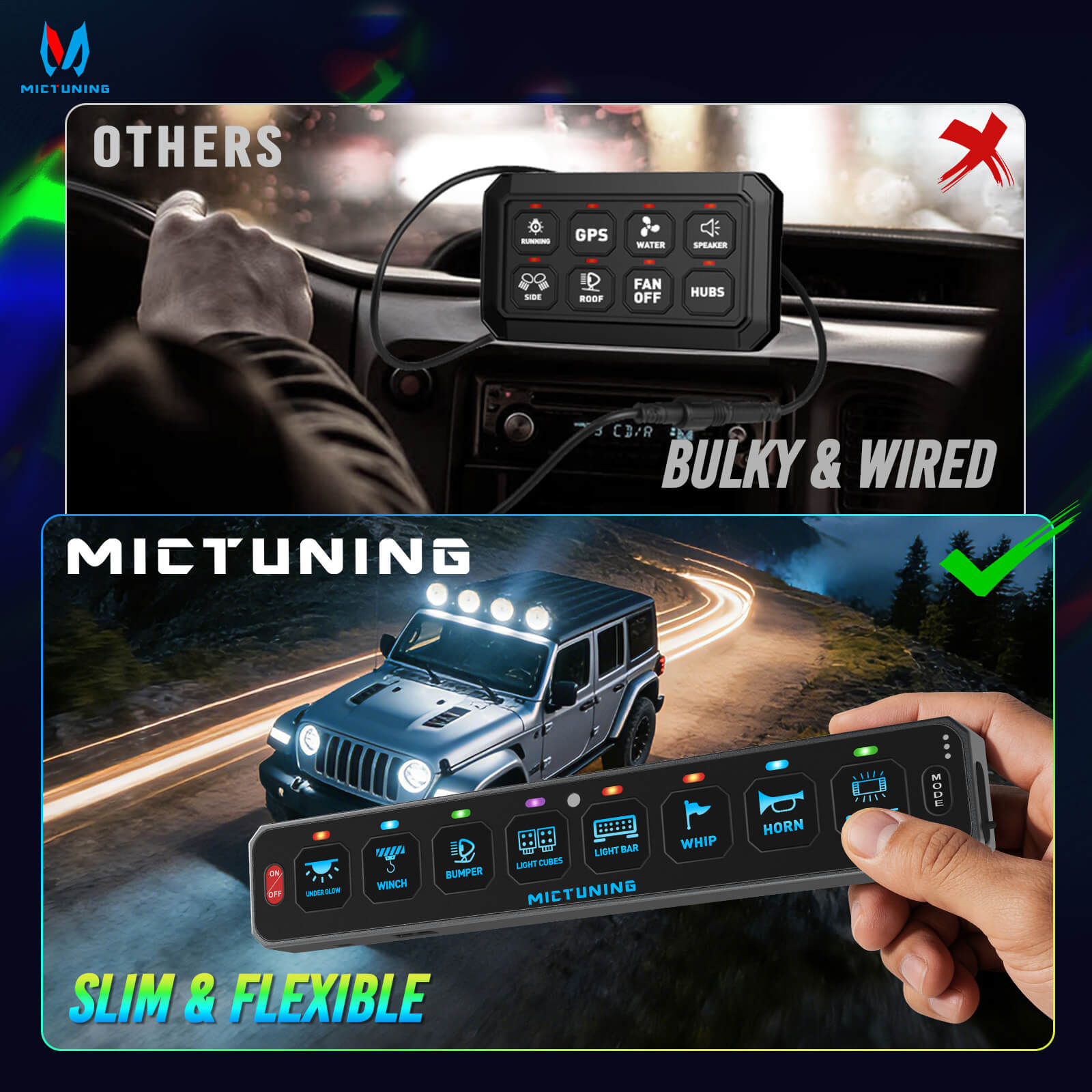 MS-W Slim Wireless Switch Panel, Up to 208FT Range, 6 Gang/8 Gang Toggle Momentary Strobe Pulsed Flash, RGB Dimmable Backlit