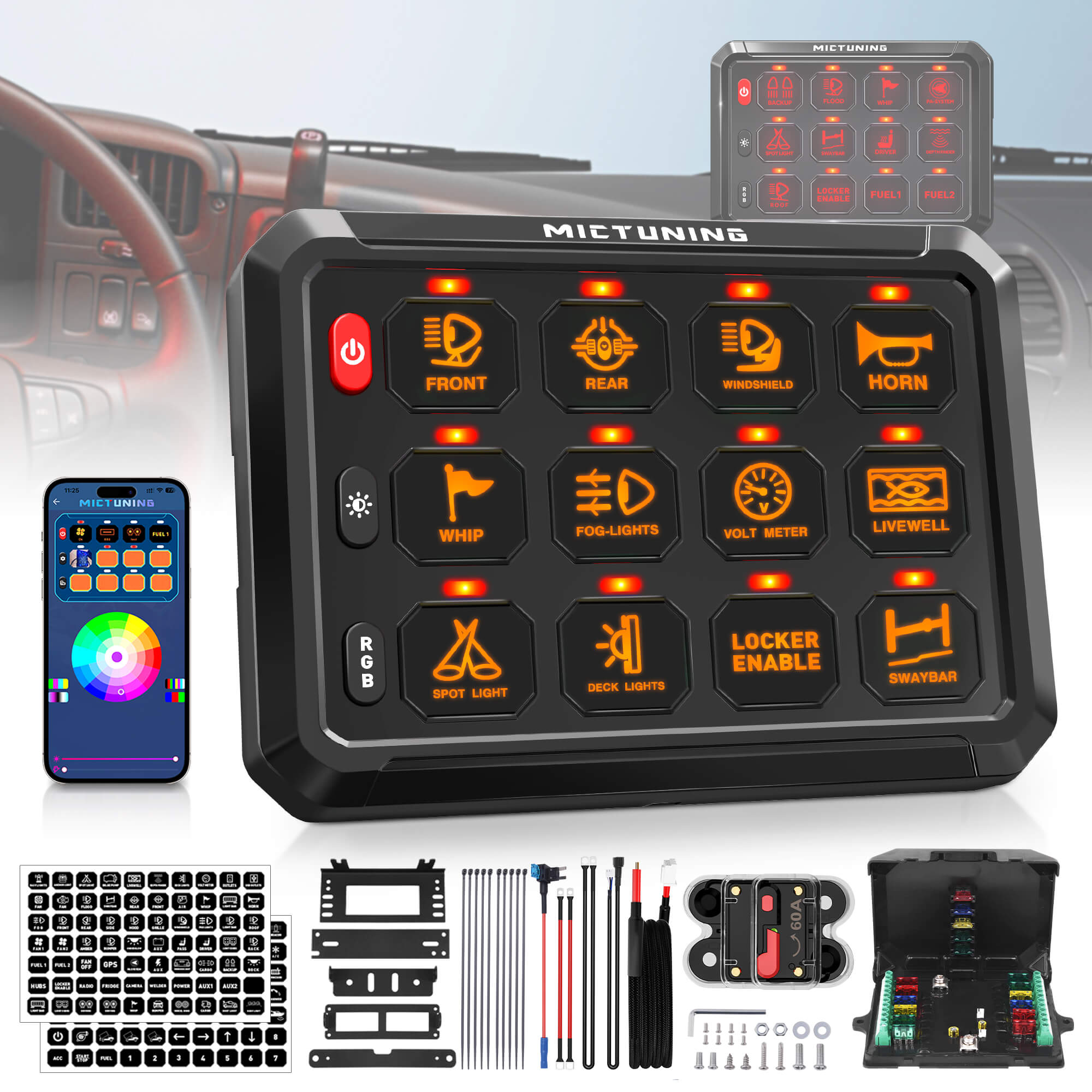 Switch Panel Control Set MICTUNING P1s-APP RGB Switch Panel with APP Control, 8/12 Gang 5 Inch ...