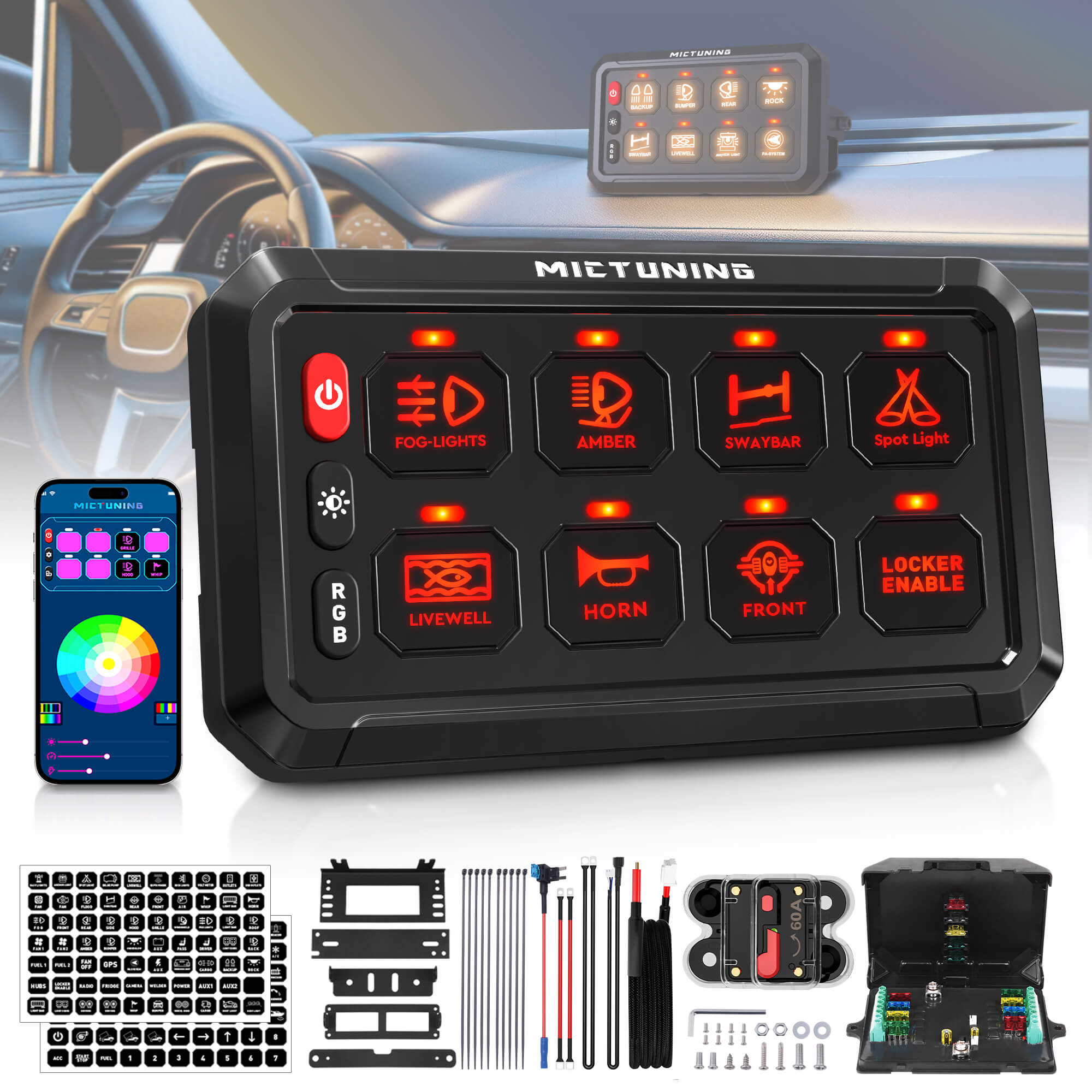 MICTUNING Bluetooth RGB Switch Panel, 8/12 Gang 5 Inch Automotive