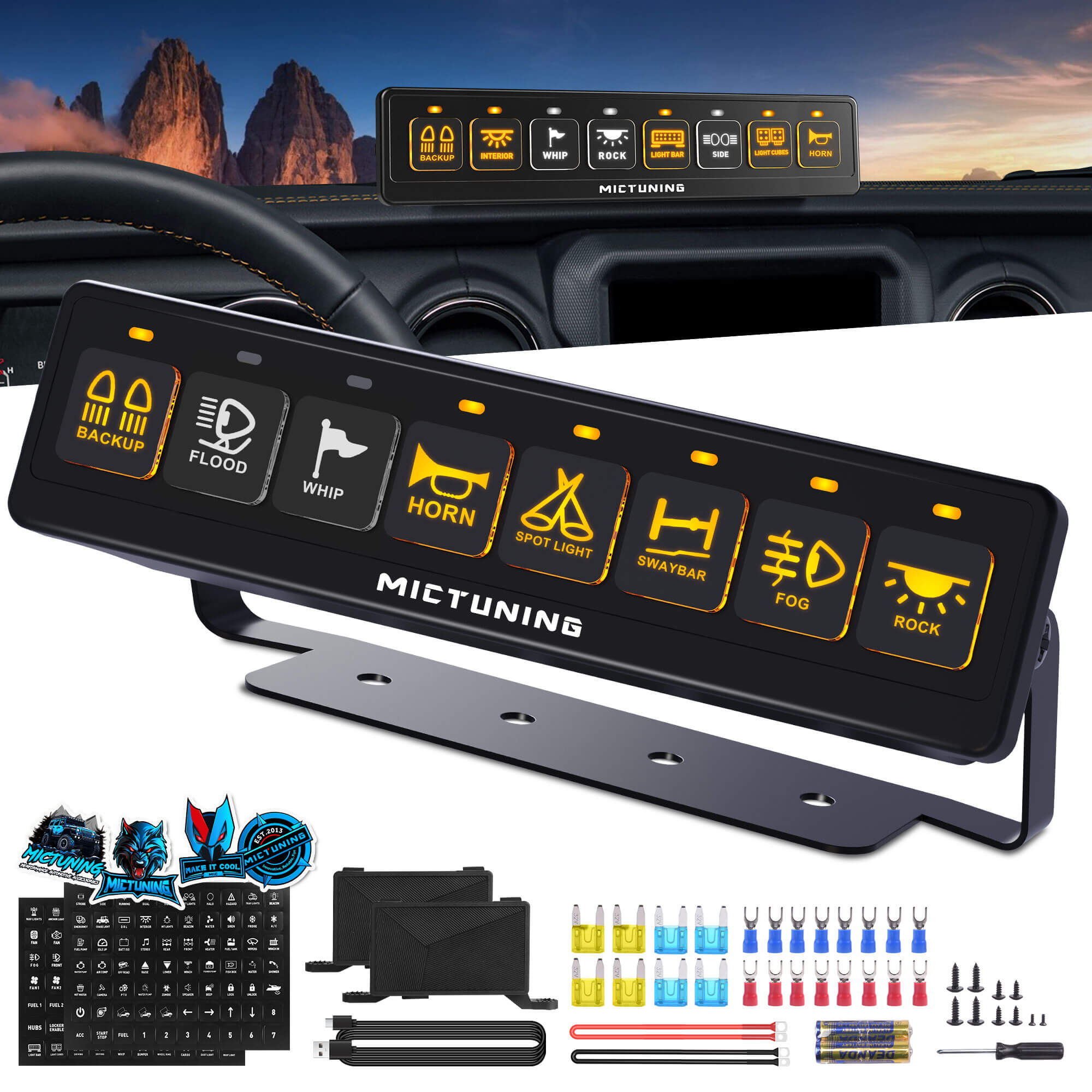 BC80 8-Gang Wireless Switch Panel, Dual Power Hubs, Auxiliary ON-OFF Relays Circuit Box, 4 Control Modes